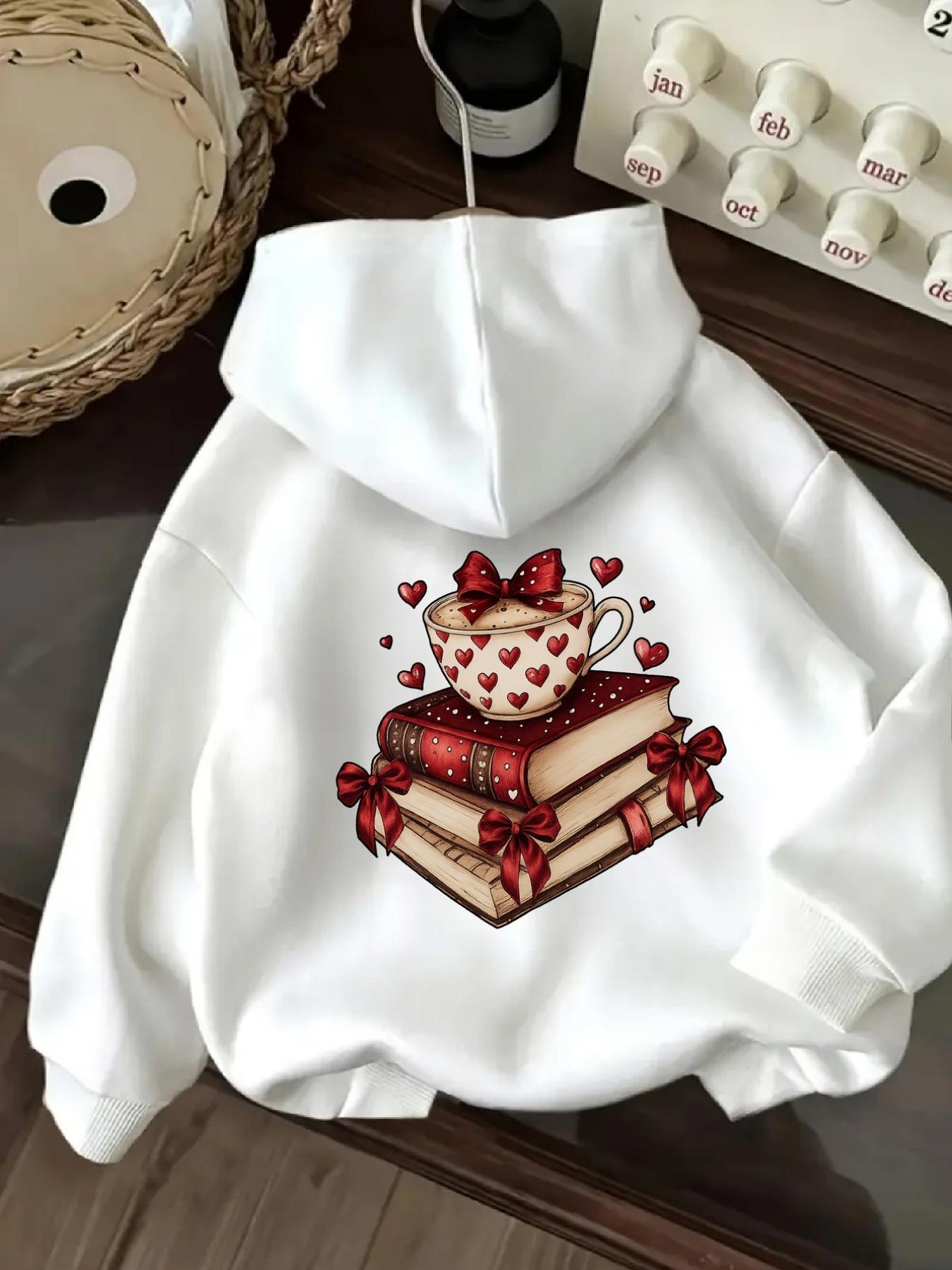 Tailorly Women's Printed Hoodie - Cozy Stacked Storybooks With Teacup Hearts And Red Bows Book