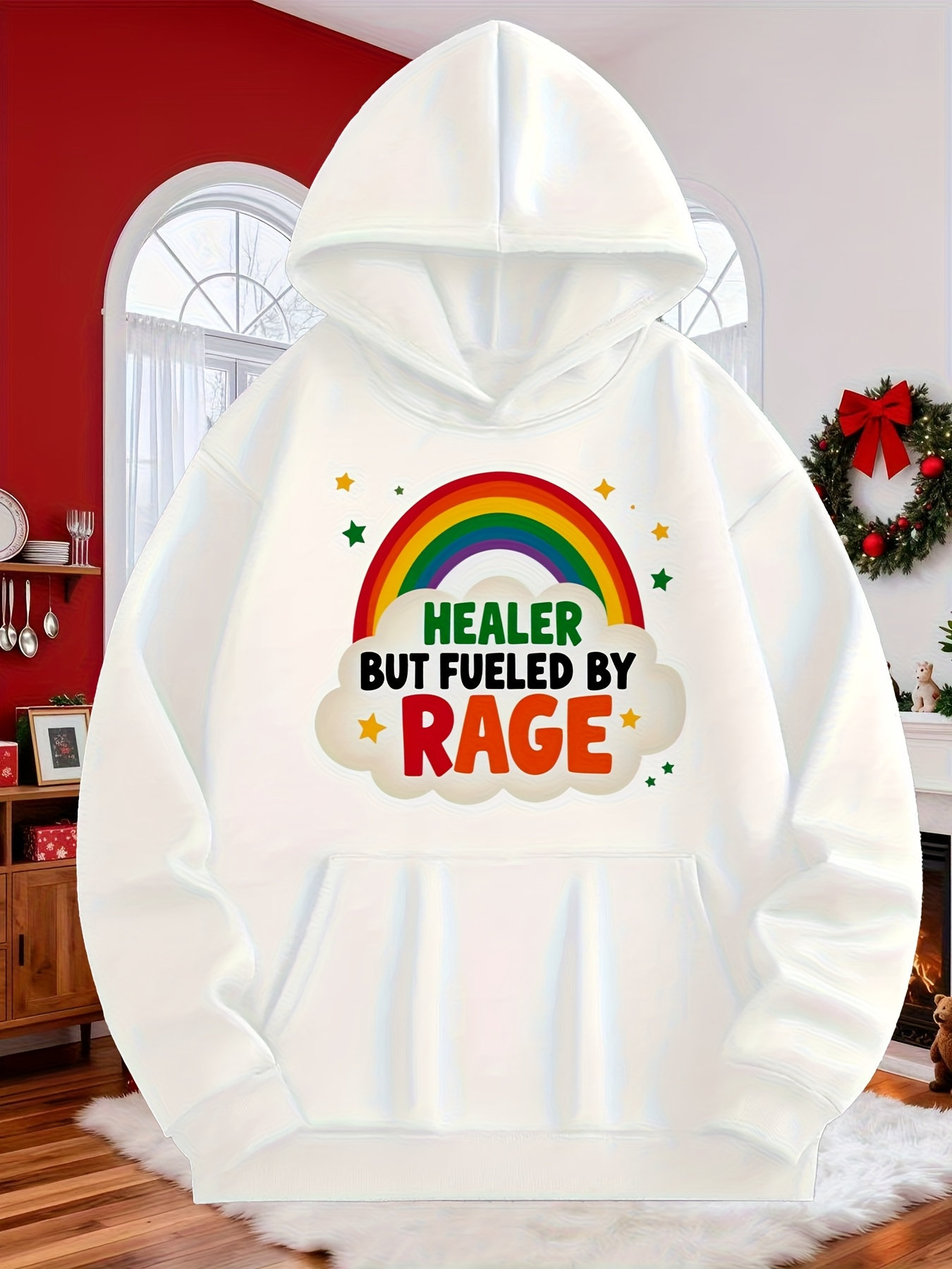 Tailorly Men's Printed Hoodie - Healer But Fueled By Rage Colorful Rainbow And Playful Cartoon Clouds