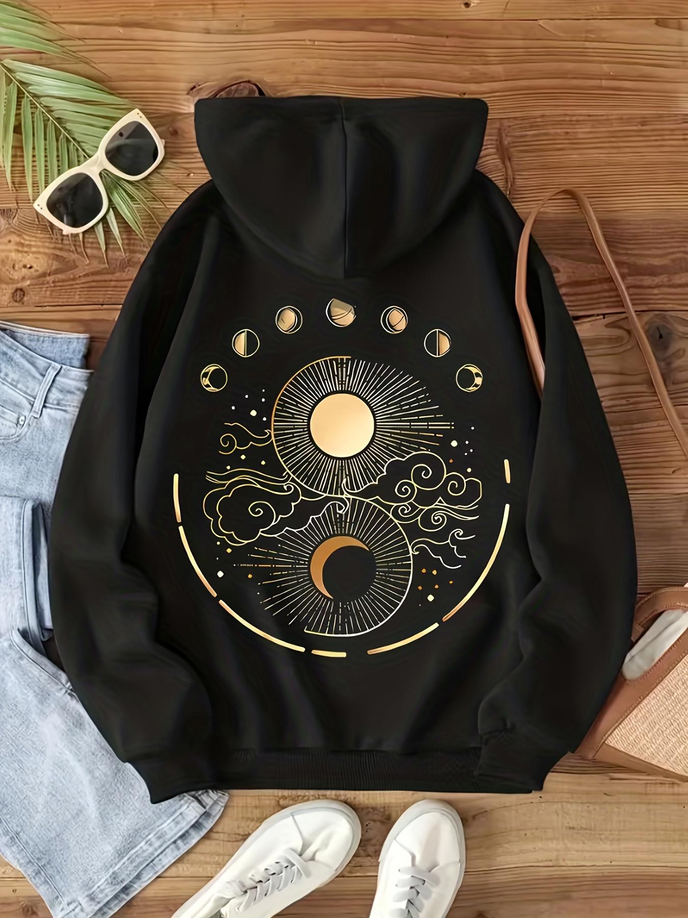 Tailorly Women's Printed Hoodie - Golden Sun And Moon Motif With Celestial Phases Among Elegant Cloud Patterns Hoodie