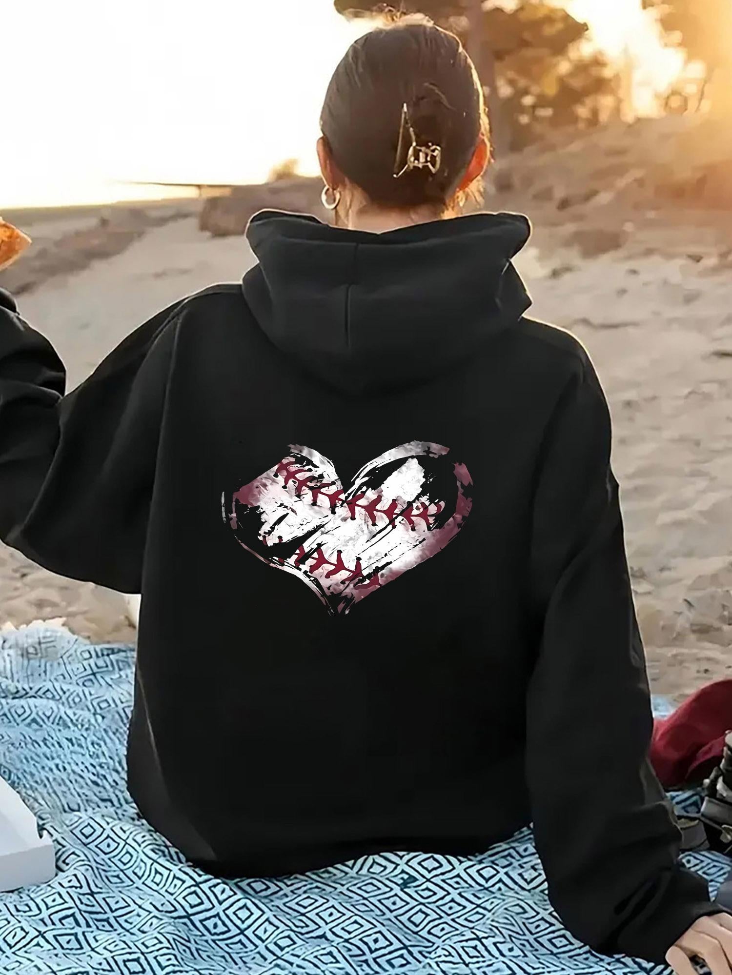 Tailorly Women's Printed Hoodie - Weathered Heart Shaped Stitches On Vintage Baseball Pattern