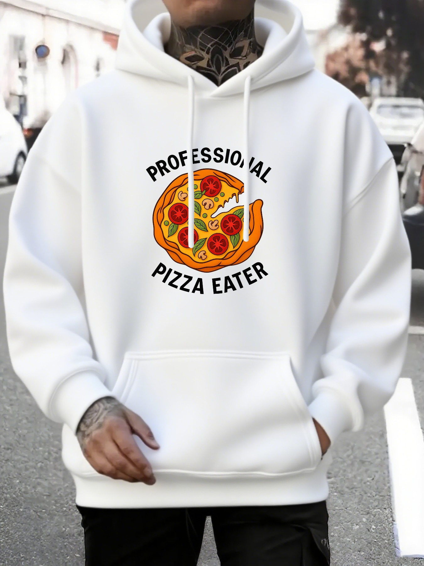 Tailorly Men's Printed Hoodie - Professional Pizza Eater With Cheesy Slices And Toppings Center Stage Pizza