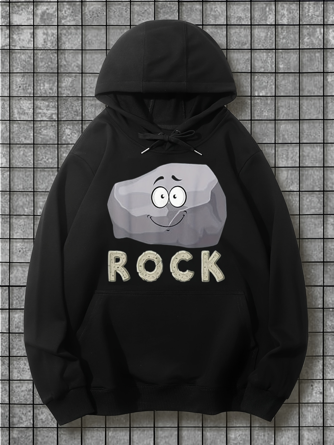 Tailorly Men's Printed Hoodie - Cartoon Style Gray Stone With Smiling Expression And Text Rock