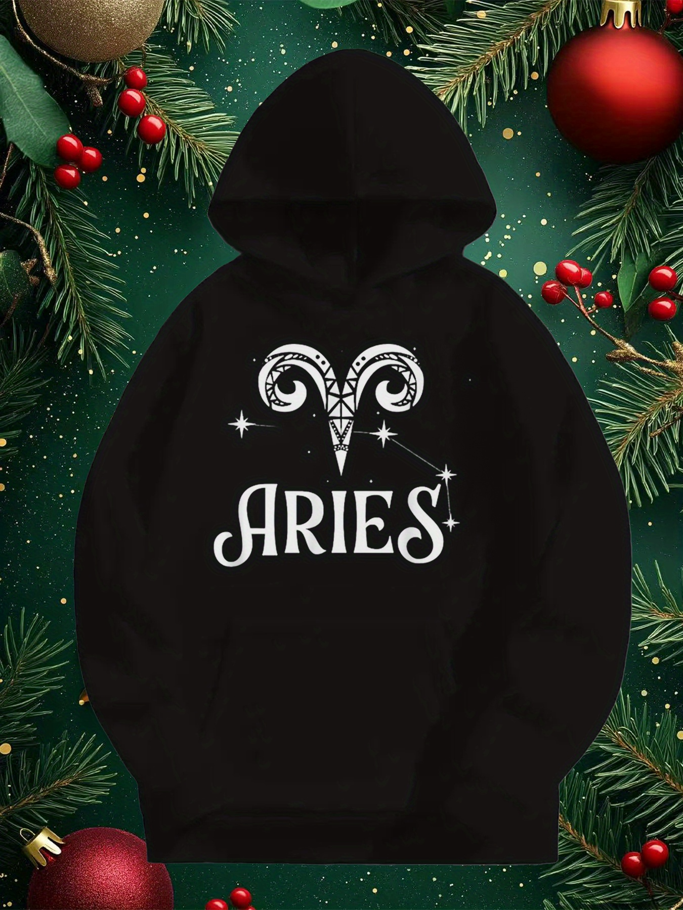 Tailorly Men's Printed Hoodie - Aries Fantasy Ram Horns With Magical Night Sky Zodiac Symbol