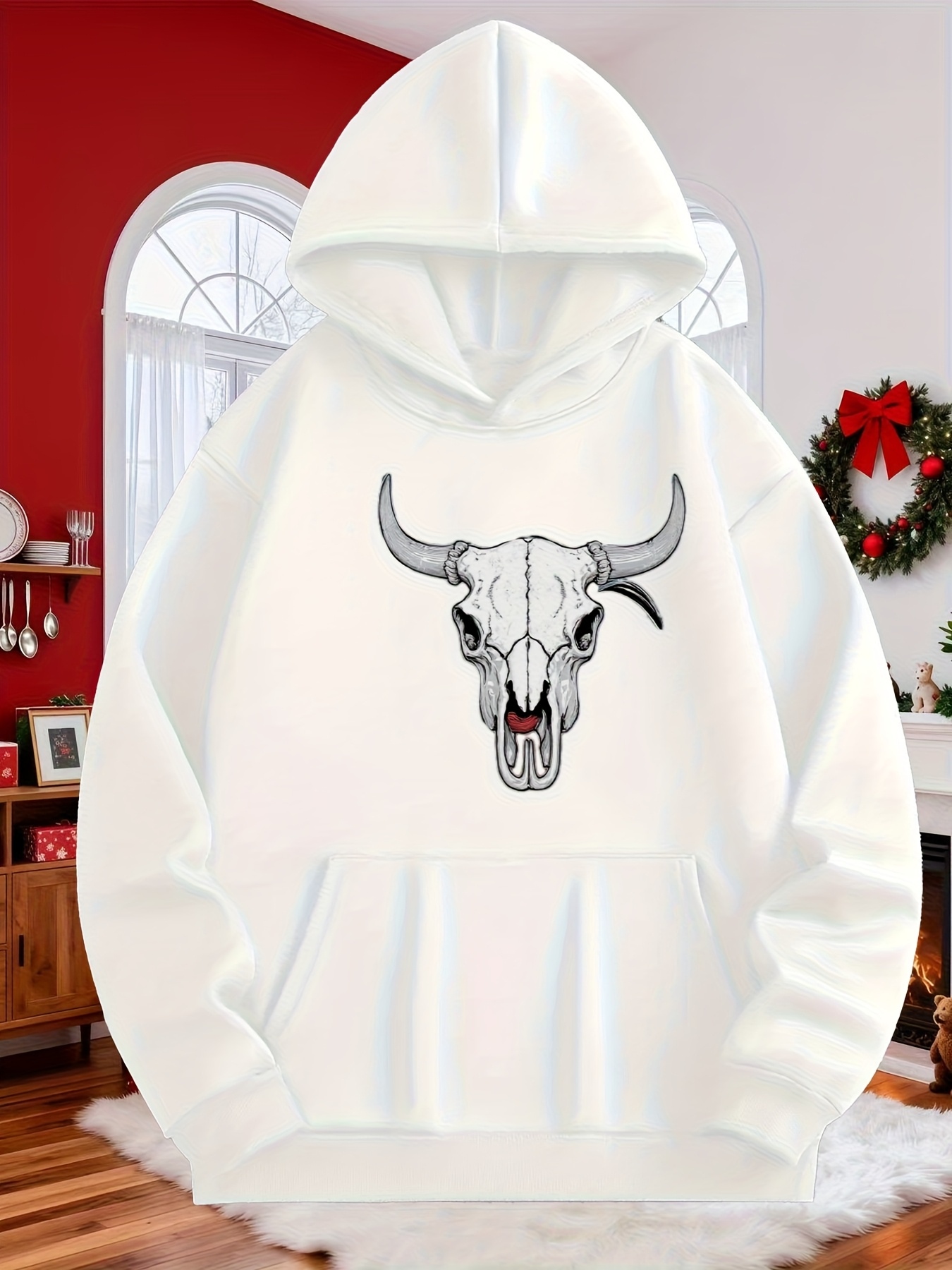 Tailorly Men's Printed Hoodie - Ink Drawing In Black With Cattle Skull In Center