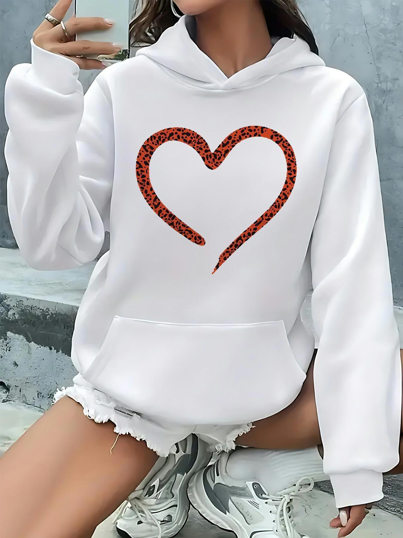 Tailorly Women's Printed Hoodie - Leopard Print Broken Outline Heart With Graphic On Front Sweatshirt