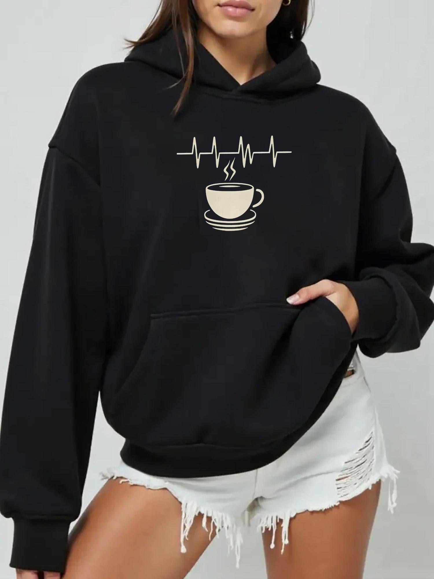 Tailorly Women's Printed Hoodie - Heartbeat With Steaming Hot Coffee Cup Design