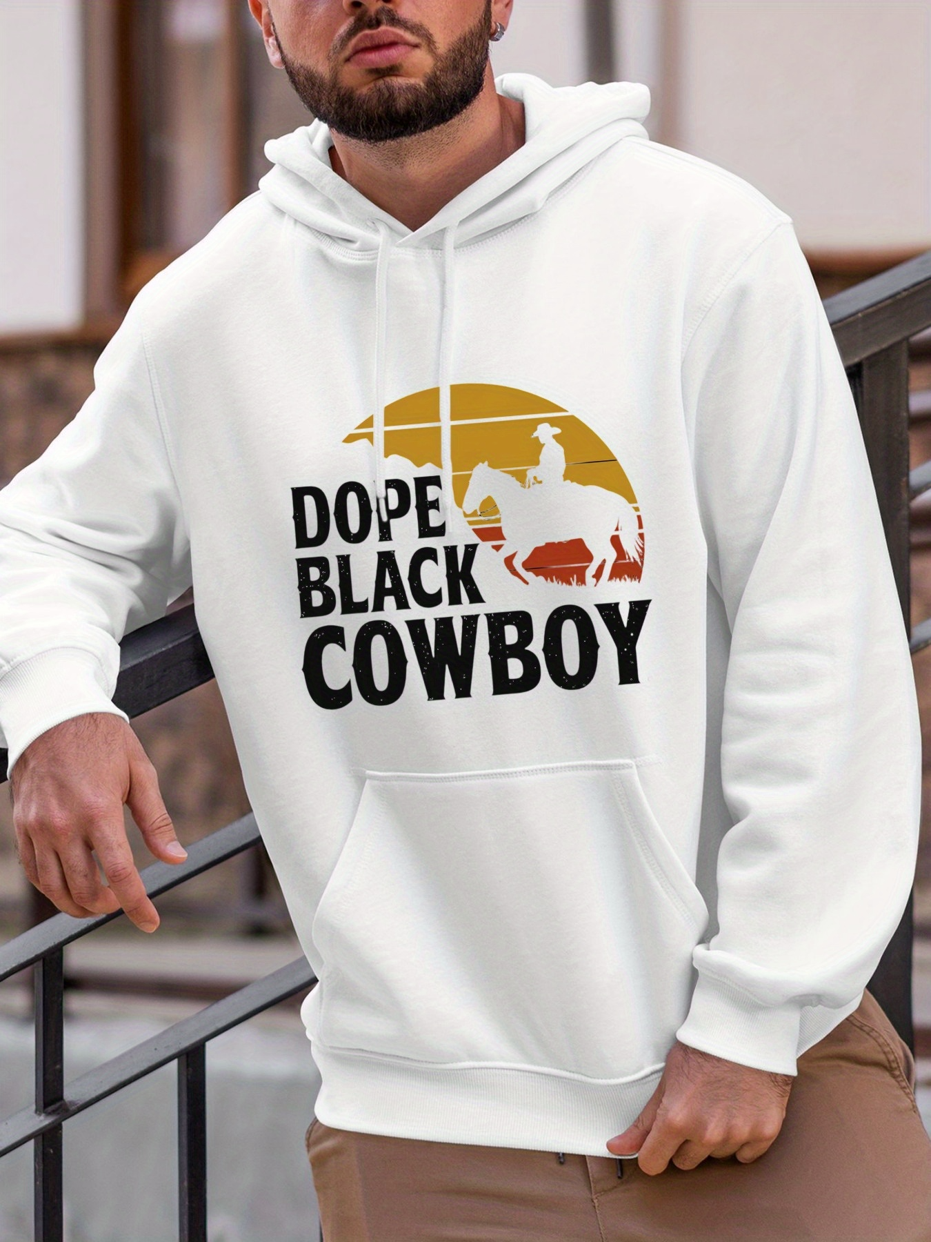 Tailorly Men's Printed Hoodie - Dope Black Cowboy Retro Sunset With Horseback Rider Silhouette Among Wild Prairie Cowboy