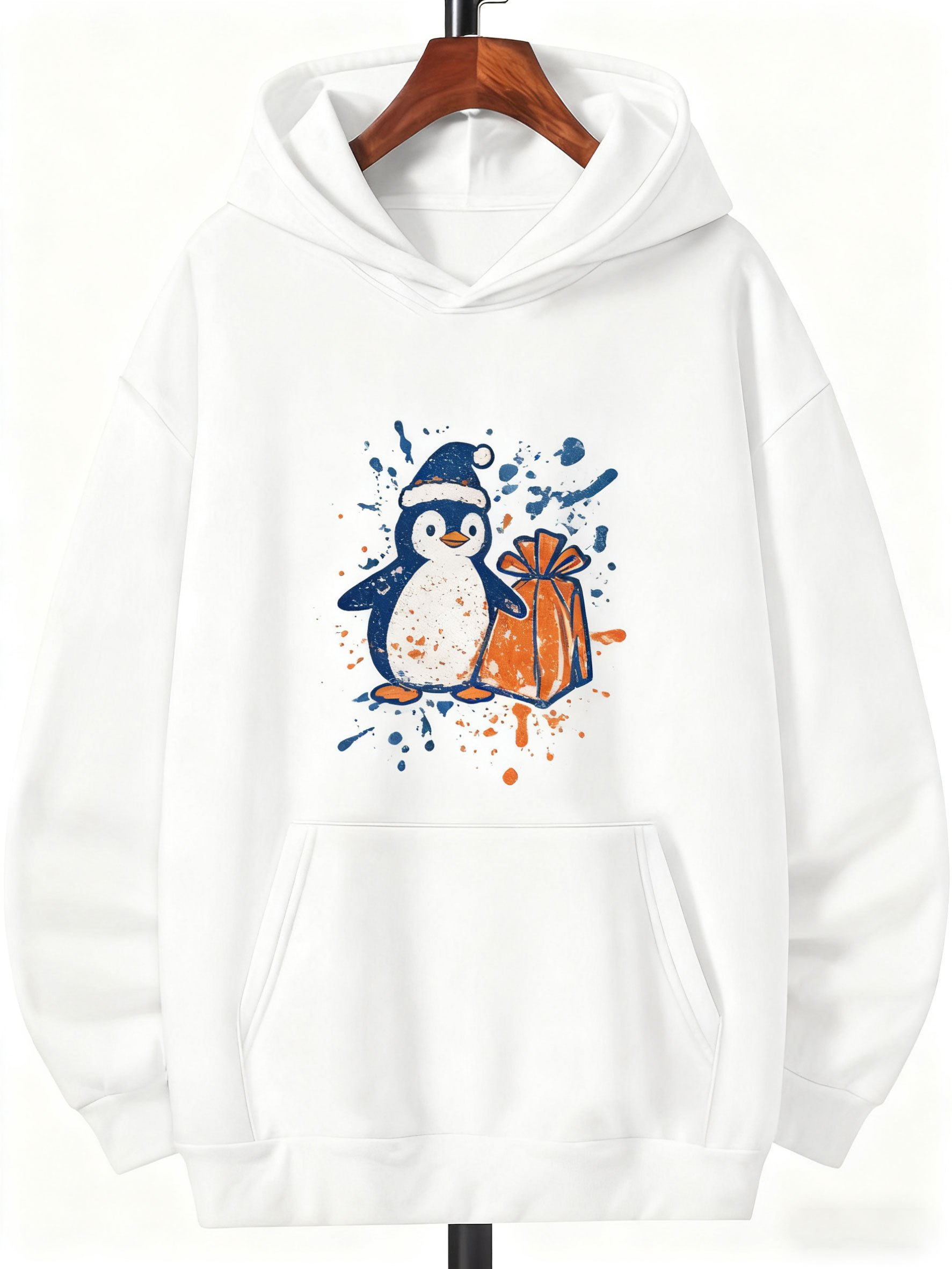 Tailorly Men's Printed Hoodie - Splash Art Style Penguin With Colorful Gift Box Present