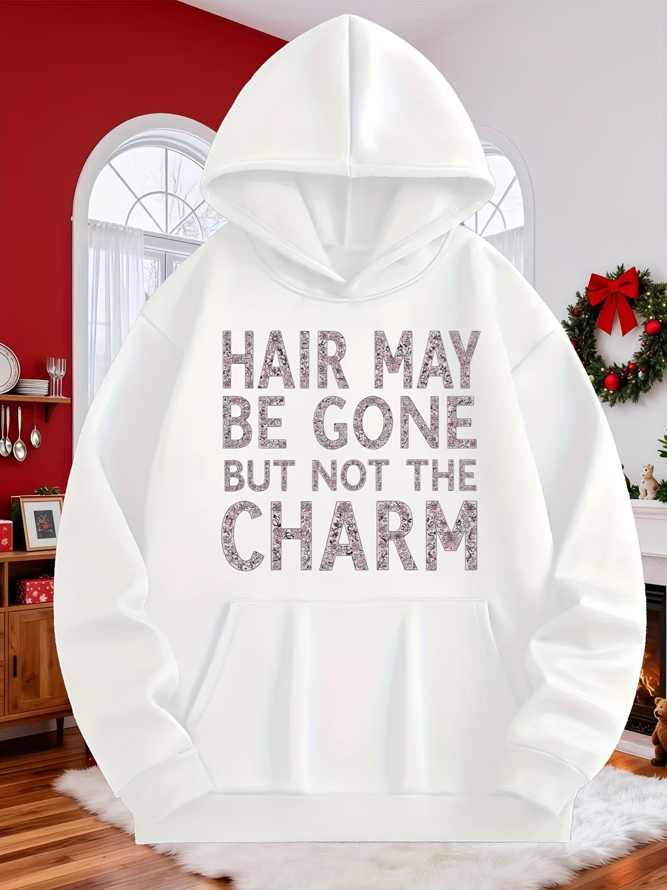 Tailorly Men's Printed Hoodie - Hair May Be Gone But Not The Charm With Bold Glittering Slogan Text Design Hoodie