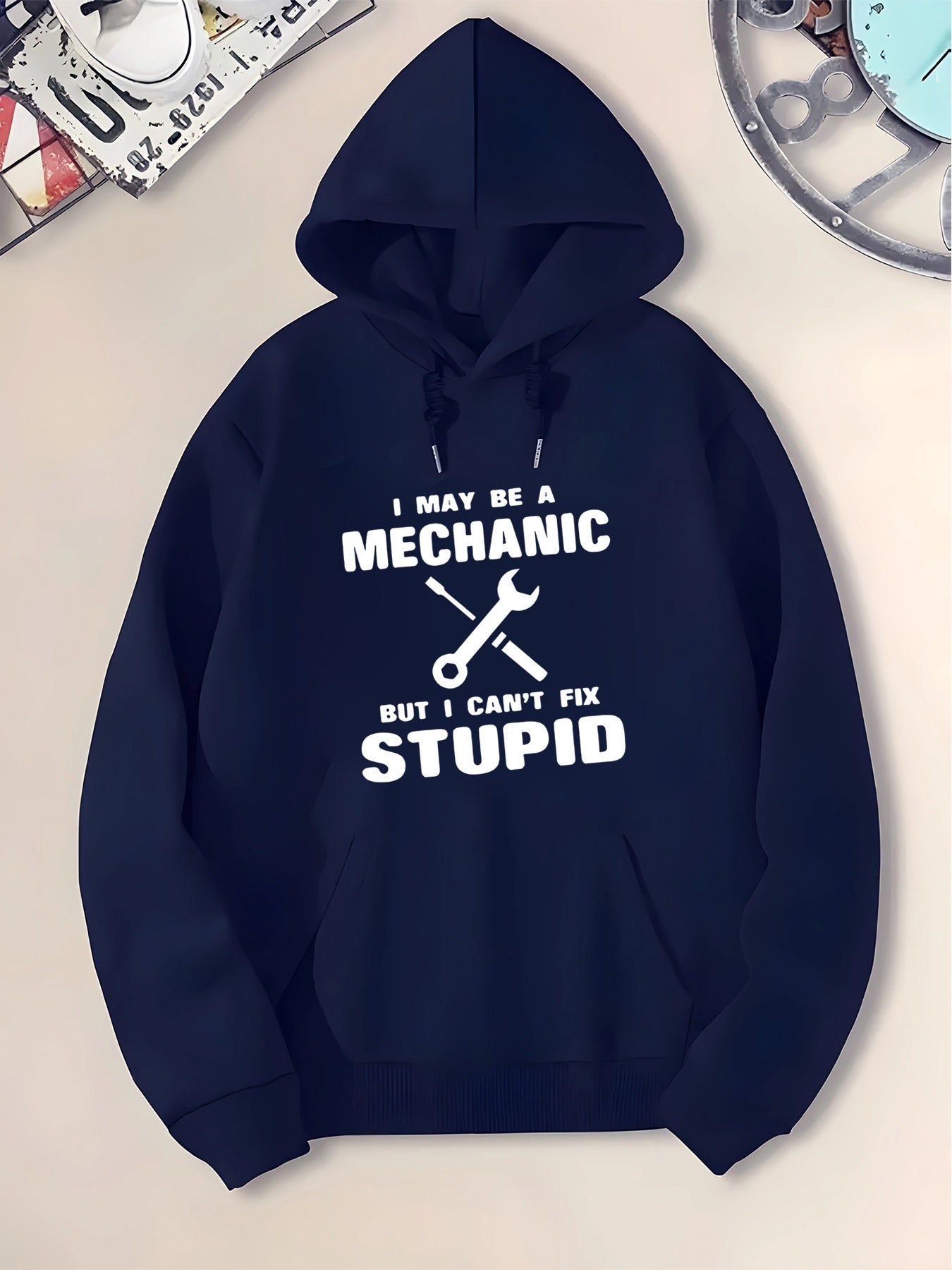 Tailorly Men's Printed Hoodie - I May Be A Mechanic With Wrench Artwork Among Bold Statement Hoodie