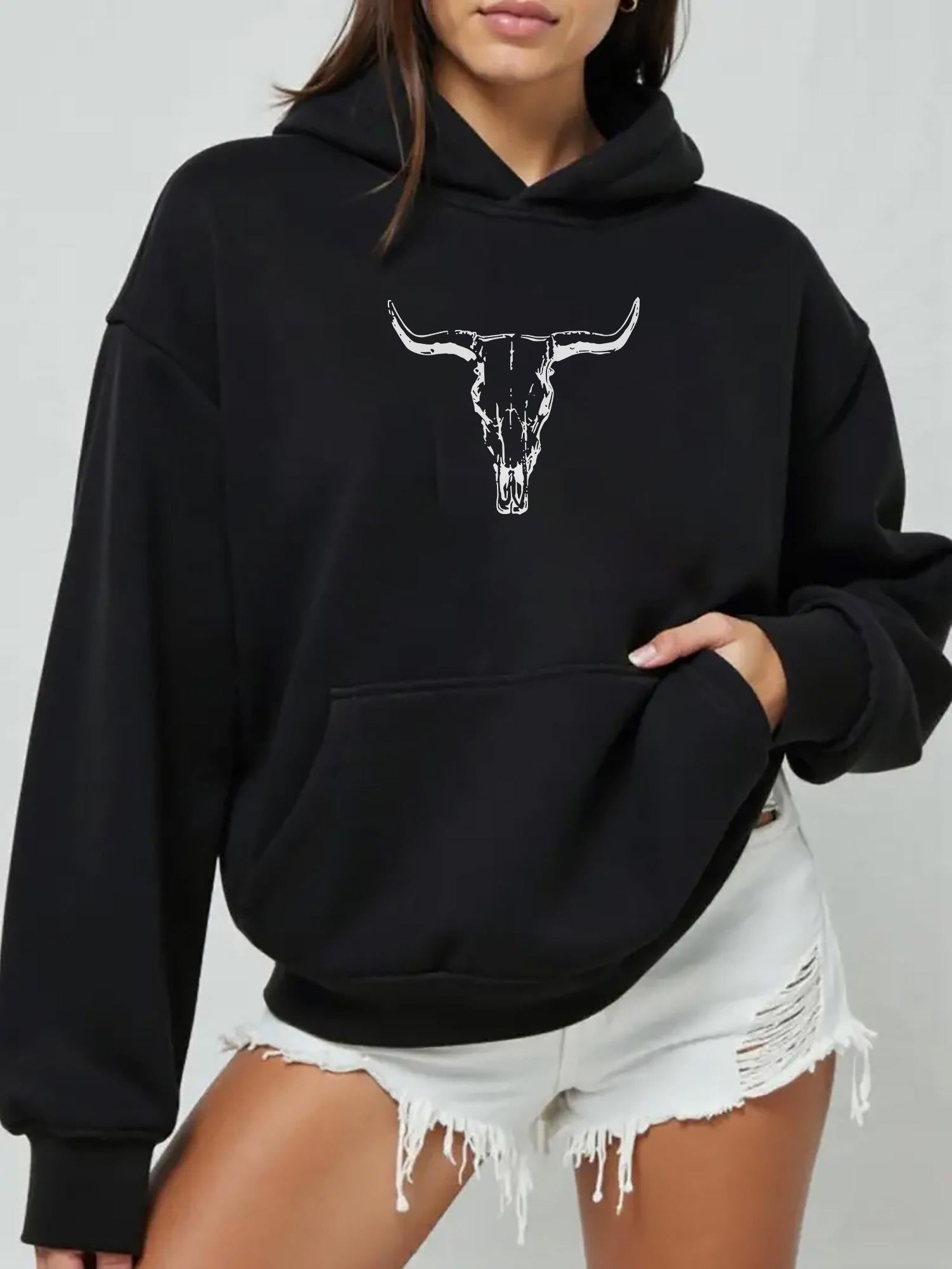 Tailorly Women's Printed Hoodie - Minimalist Western Style With Longhorn Skull Drawing Hoodie