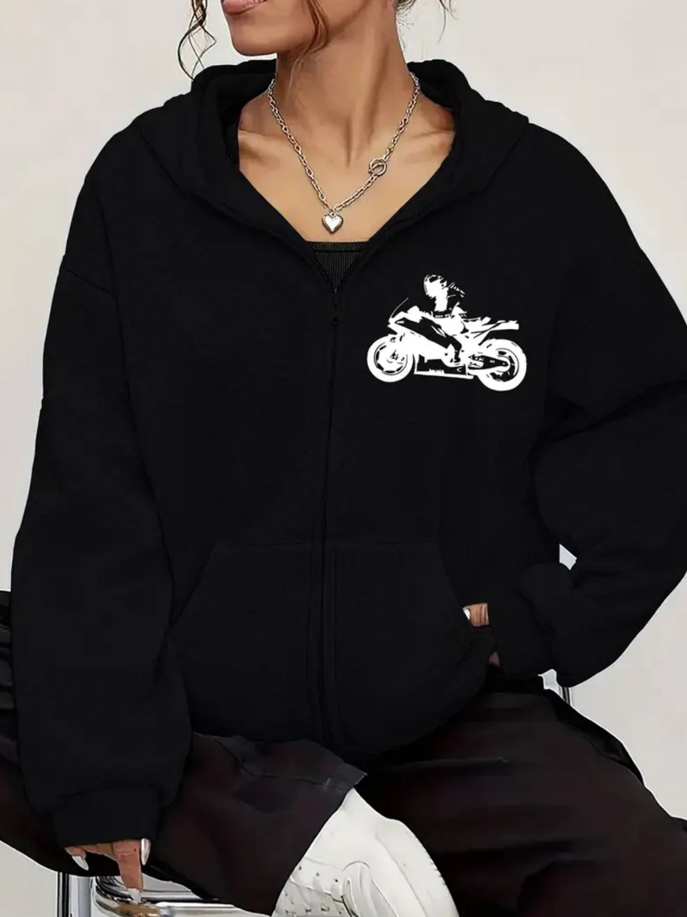 Tailorly Women's Printed Hoodie - Street Rider With Sleek White Graphic Bold Motorcycle