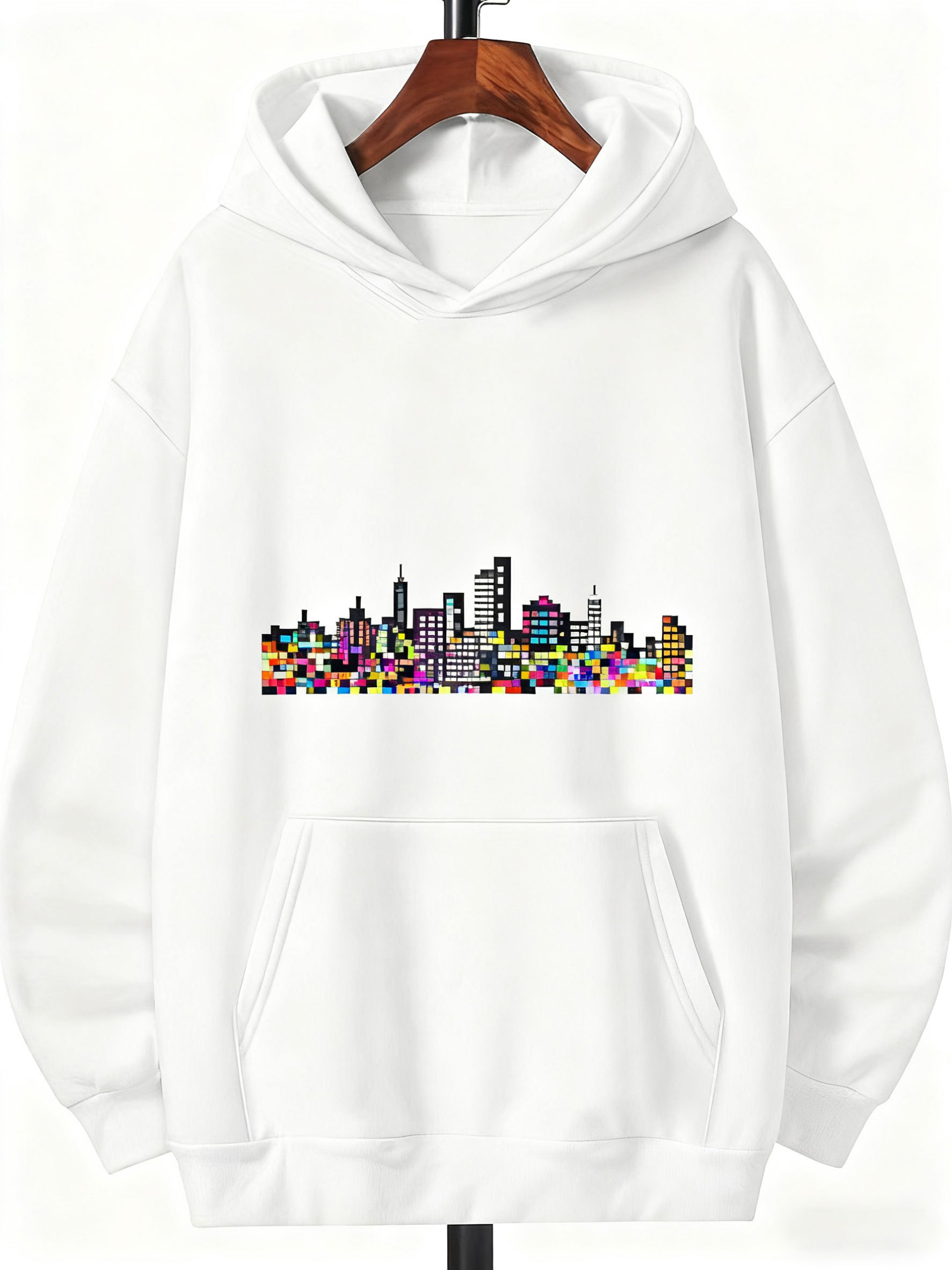 Tailorly Men's Printed Hoodie - Colorful Neon Lights With Urban Skyline At Night Cityscape