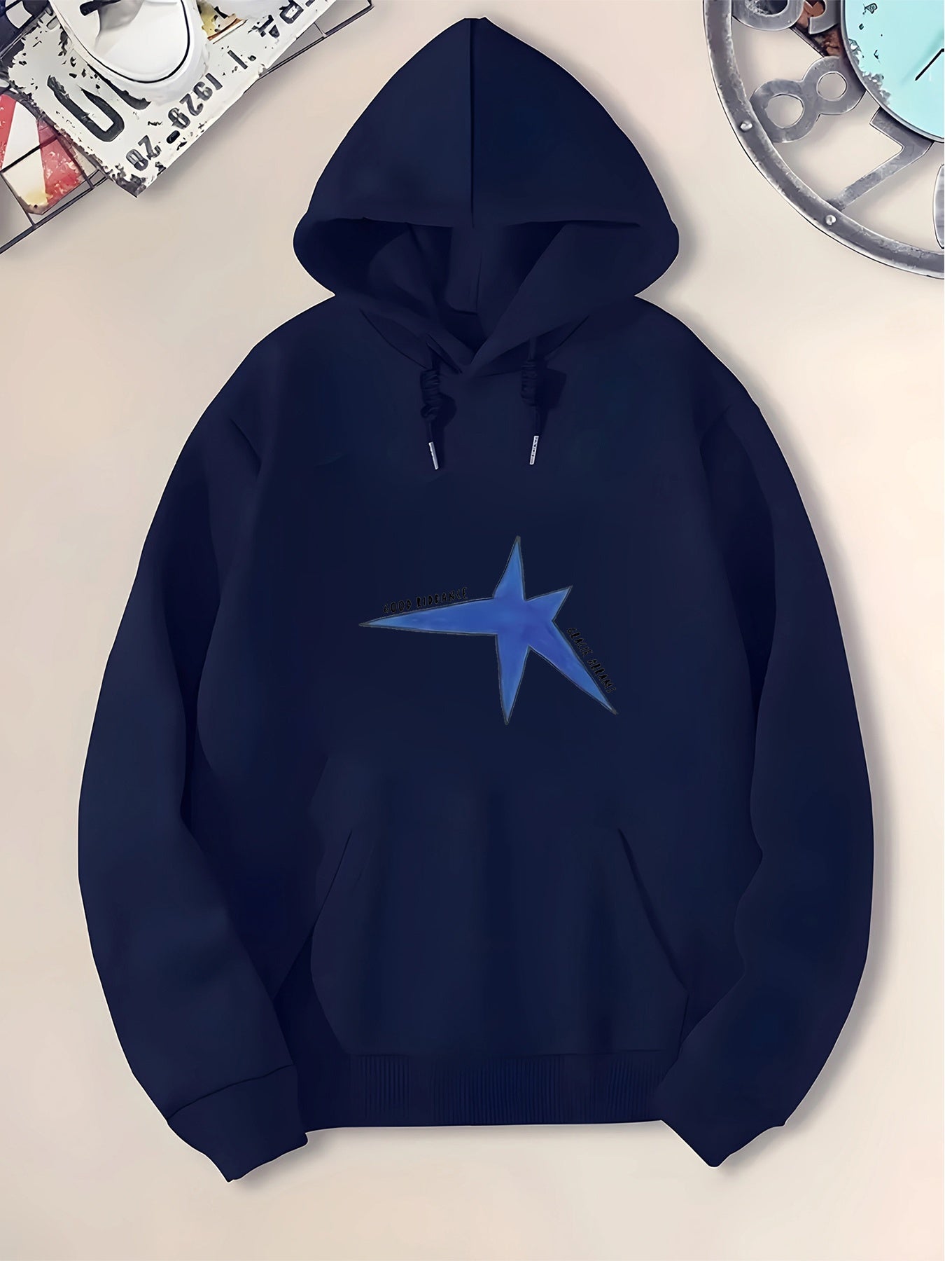 Tailorly Men's Printed Hoodie - Blue Graphic Starburst Design On Plain Black Hoodie