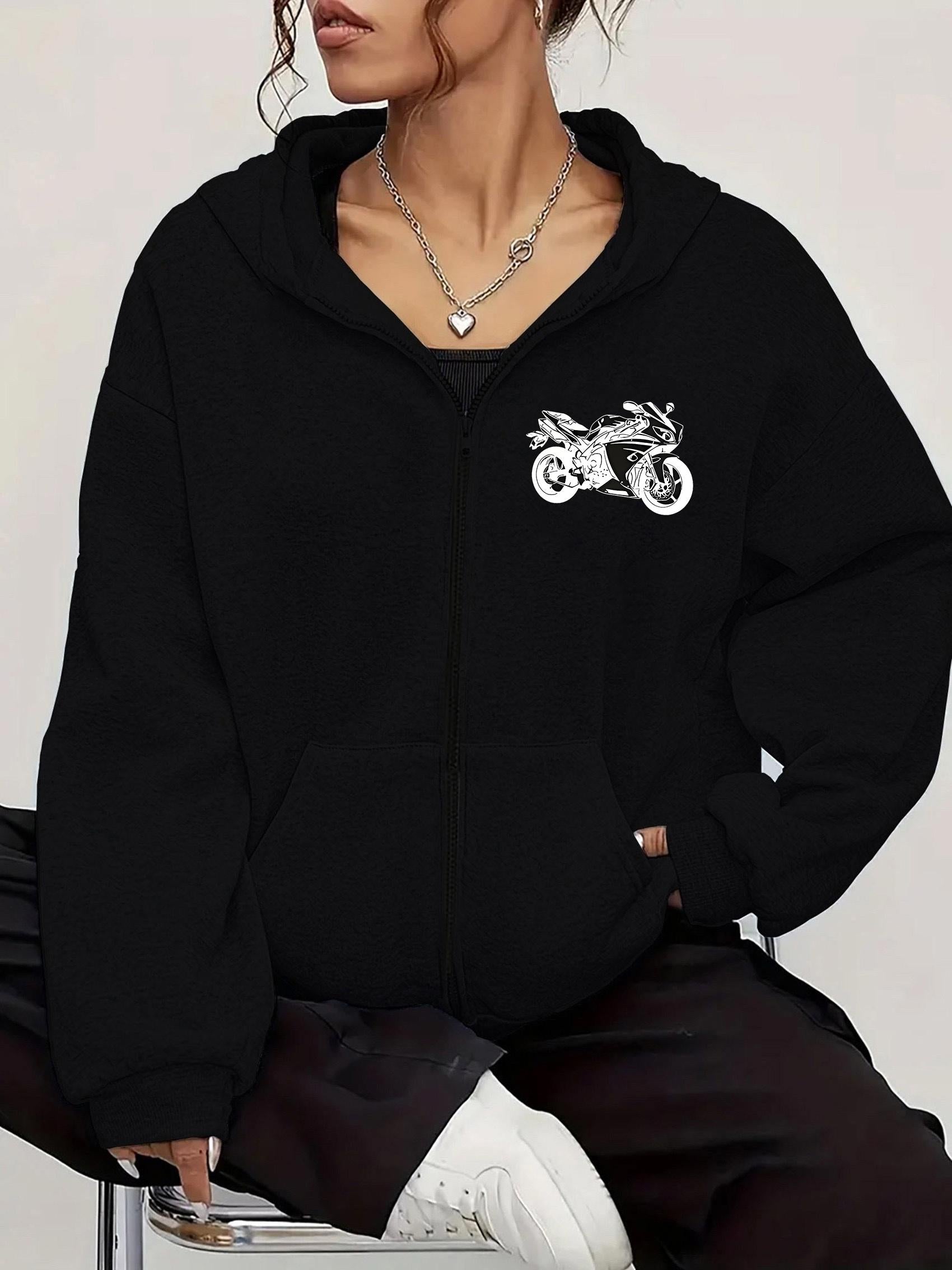 Tailorly Women's Printed Hoodie - Modern Urban Adventure With Monochrome Graphics Featuring A Classic Motorcycle