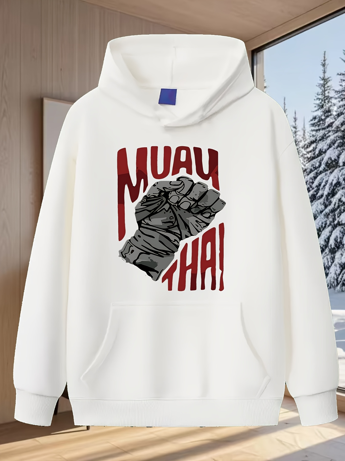 Tailorly Men's Printed Hoodie - Muay Thai Black Glove Raised Fist Boxing Art Surrounded By Bold Red Lettering