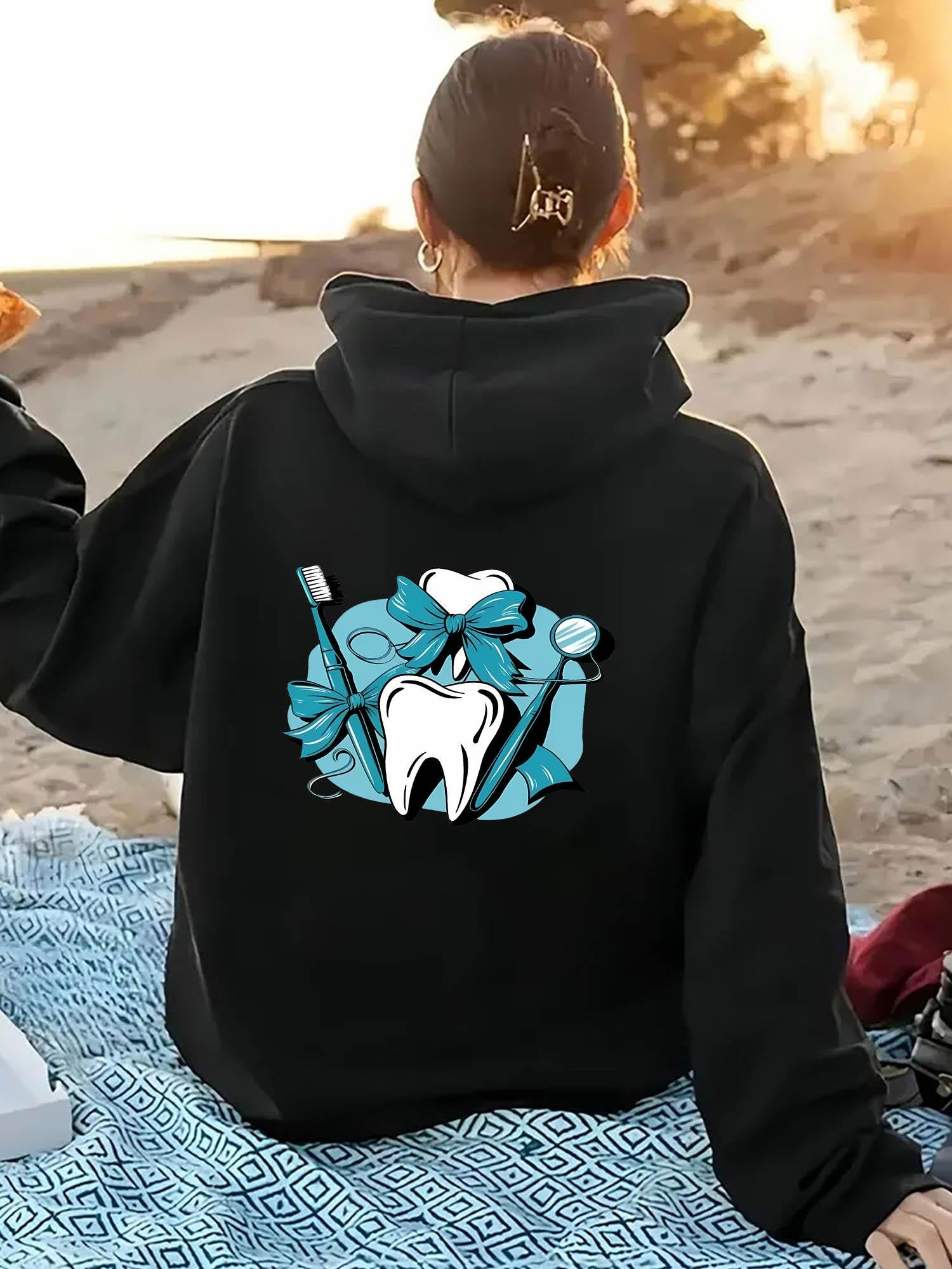 Tailorly Women's Printed Hoodie - Sparkling Blue Tools With Heart And Glowing Dental Tooth