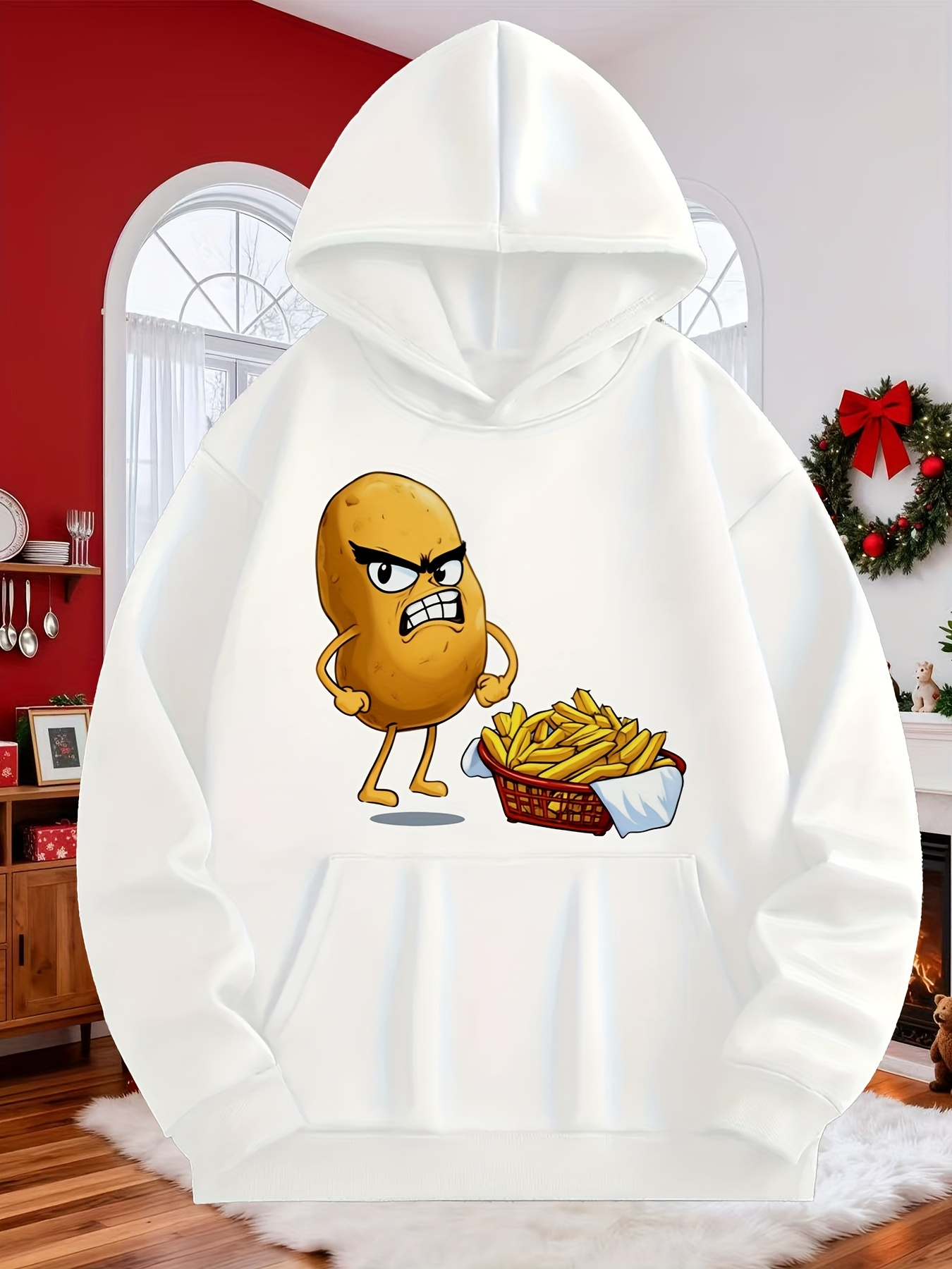 Tailorly Men's Printed Hoodie - Angry Cartoon Potato With Basket Of Crispy Golden French Fries Potato