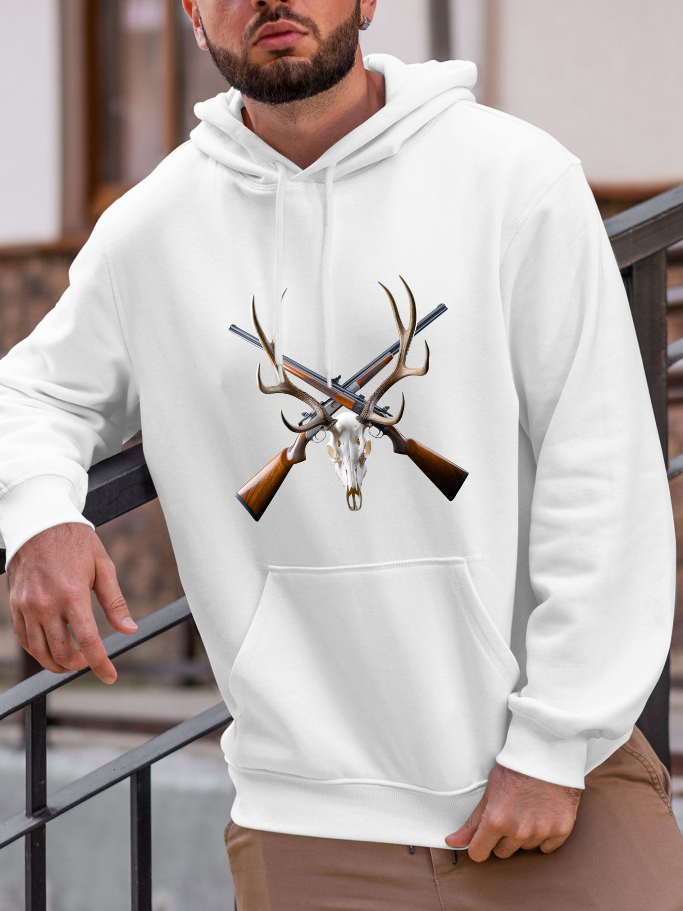 Tailorly Men's Printed Hoodie - Rustic Wood With Crossed Hunting Rifles And Deer Antlers Skull