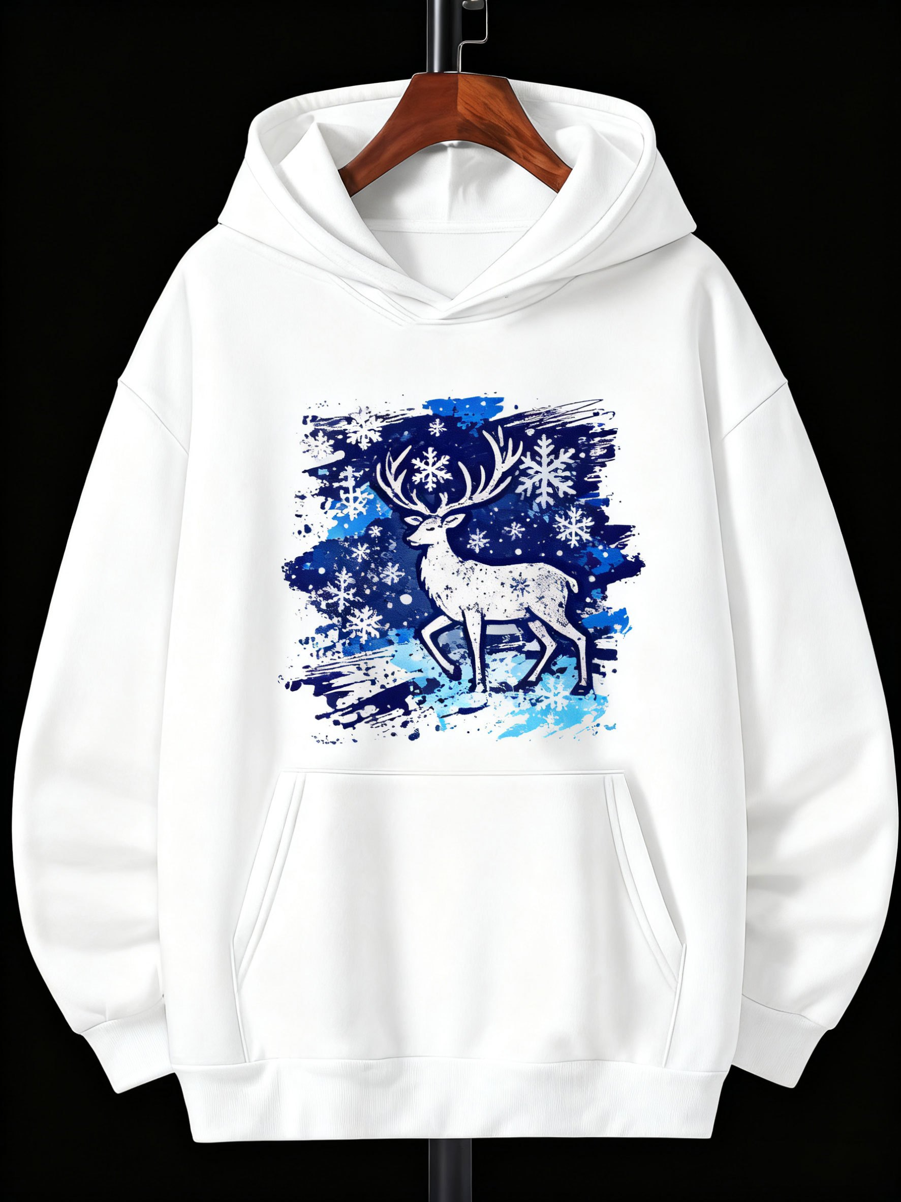 Tailorly Men's Printed Hoodie - Starry Winter Night With Snowflakes And Graceful Majestic Deer