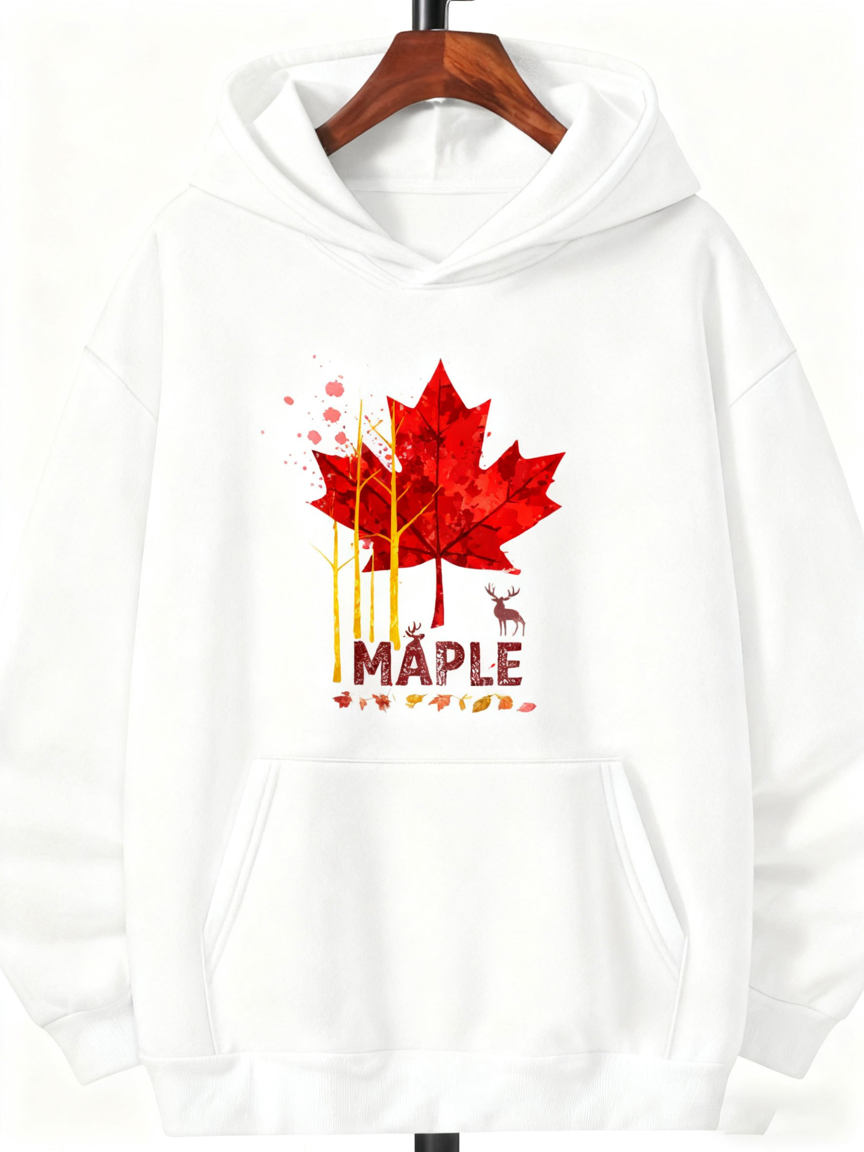 Tailorly Men's Printed Hoodie - Maple Leaf With Forest Trees And Standing Deer