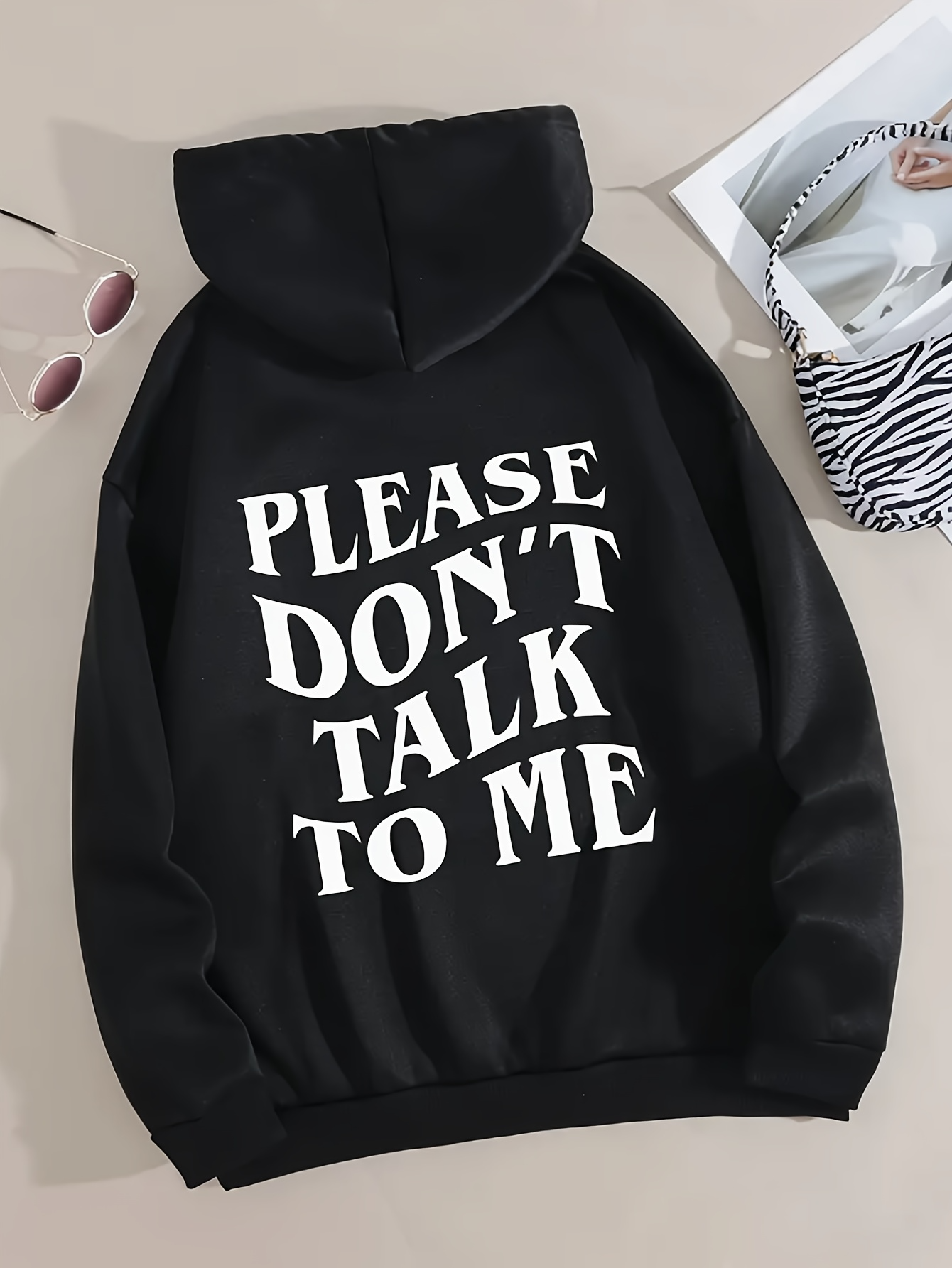 Tailorly Women's Printed Hoodie - Please Dont Talk To Me Bold White Letters On Minimalist Black Hooded Sweatshirt