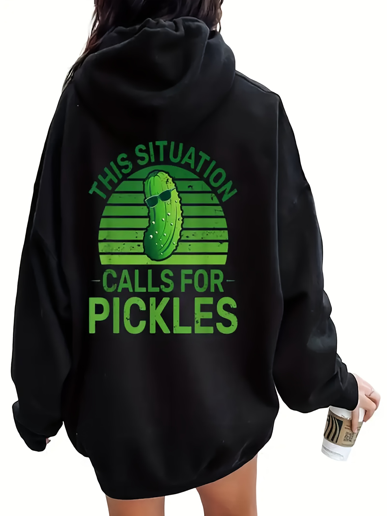 Tailorly Women's Printed Hoodie - This Situation Calls For Pickles With Cartoon Green Pickle Under Retro Sun