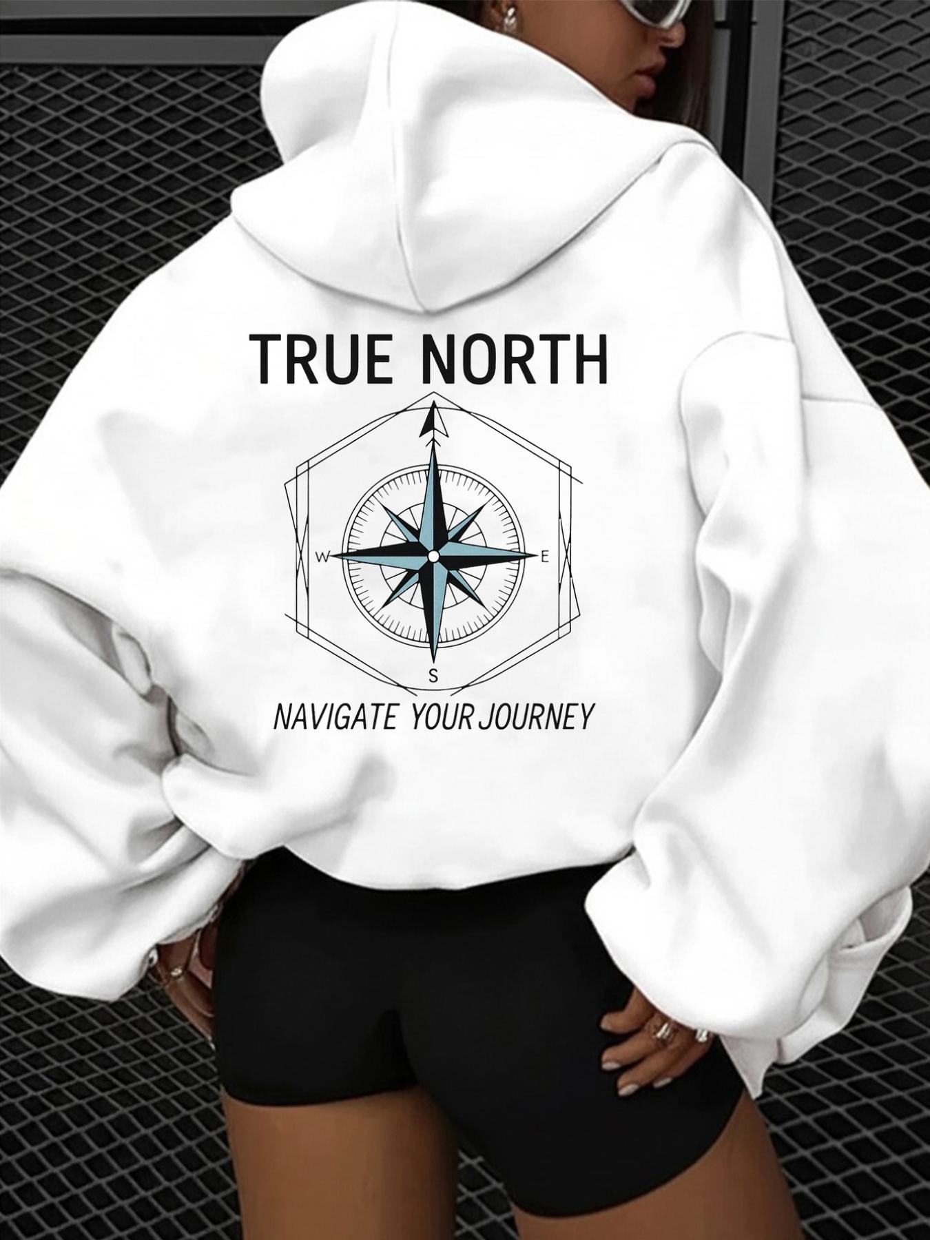 Tailorly Women's Printed Hoodie - True North With Geometric Compass Among Navigational Map Elements Hoodie