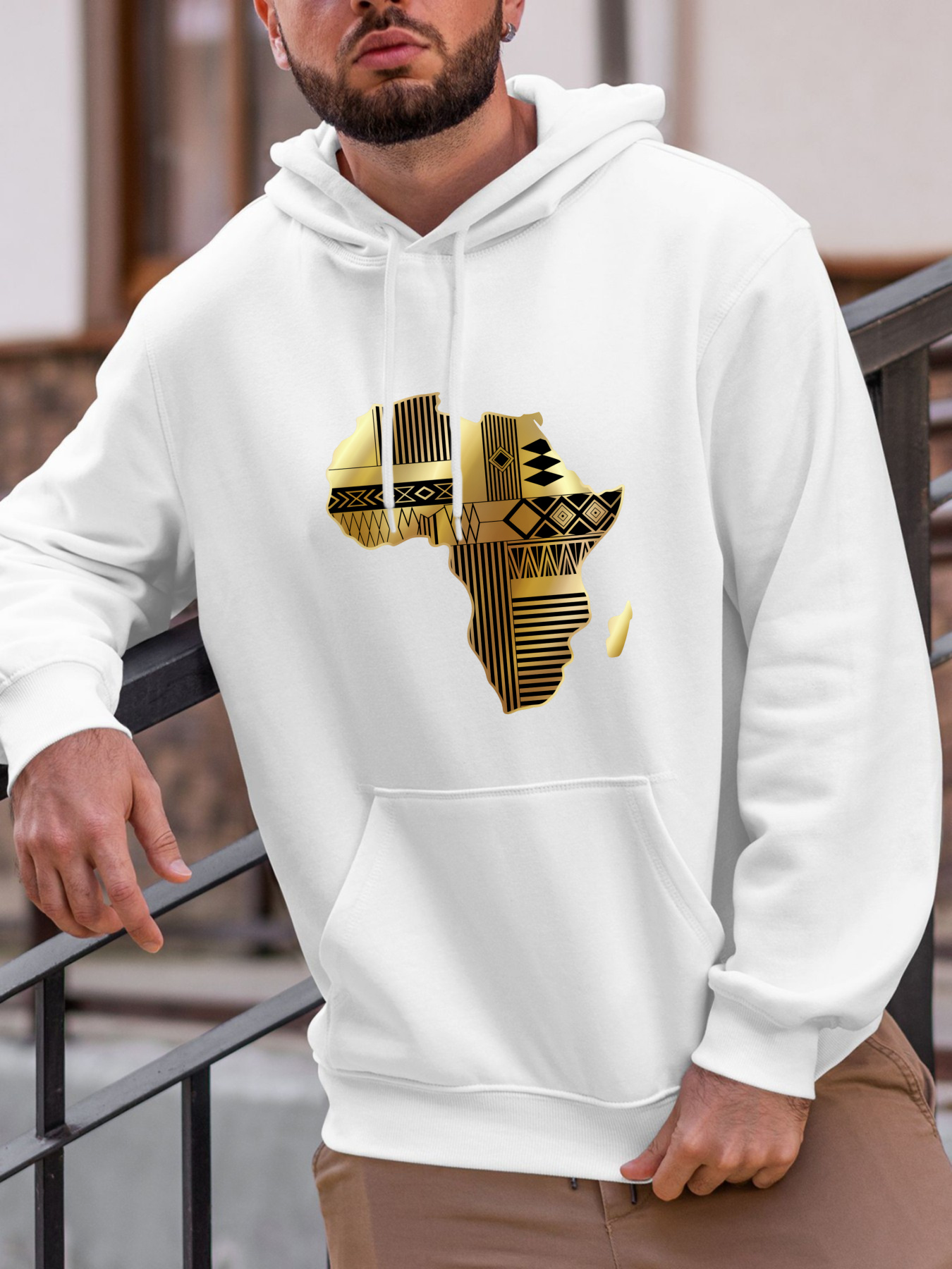Tailorly Men's Printed Hoodie - Geometric Patterned Gold Tones Across Abstract Map Africa