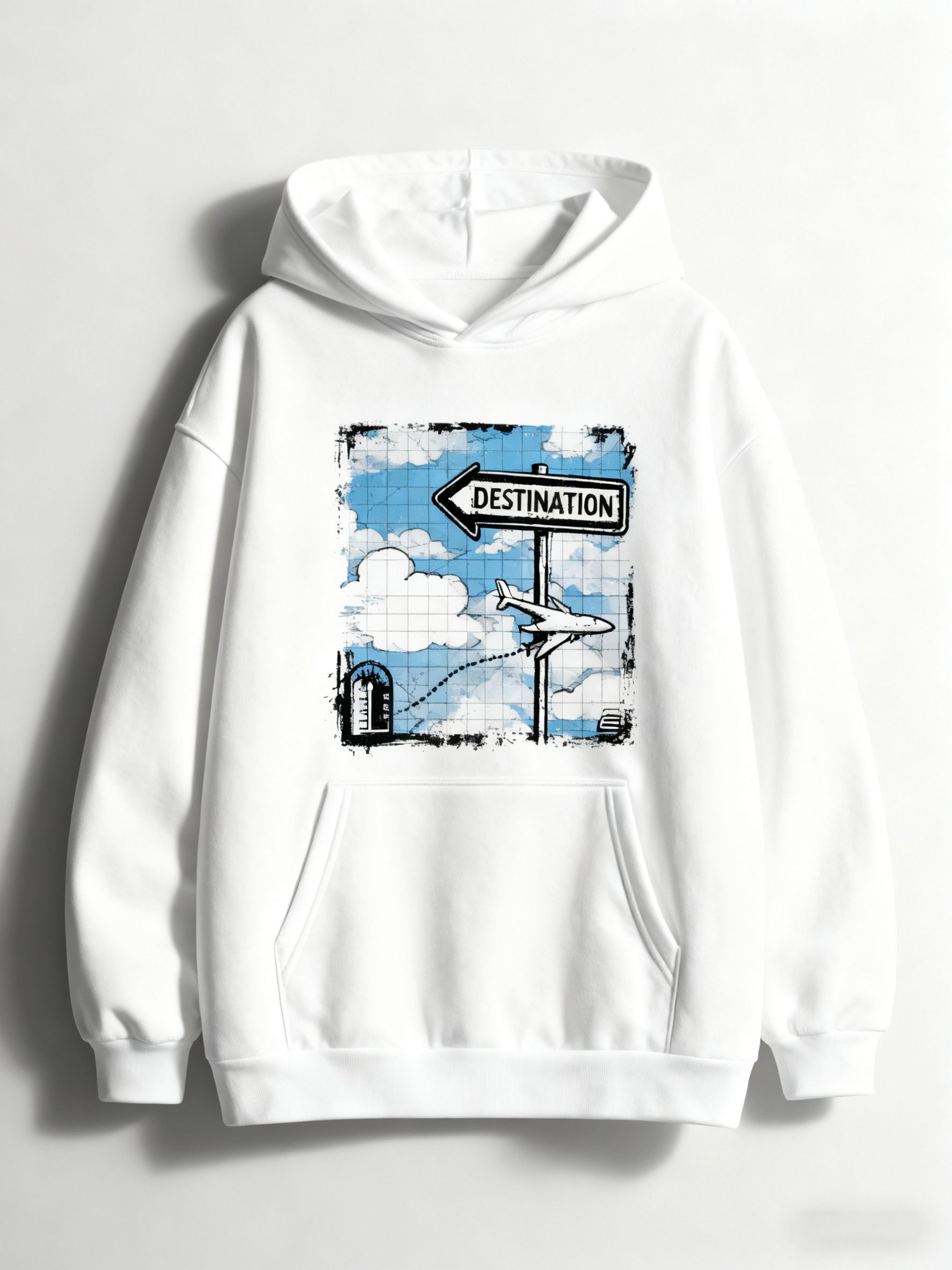 Tailorly Men's Printed Hoodie - Destination Blue Skies With Clouds And Flying Airplane Signpost