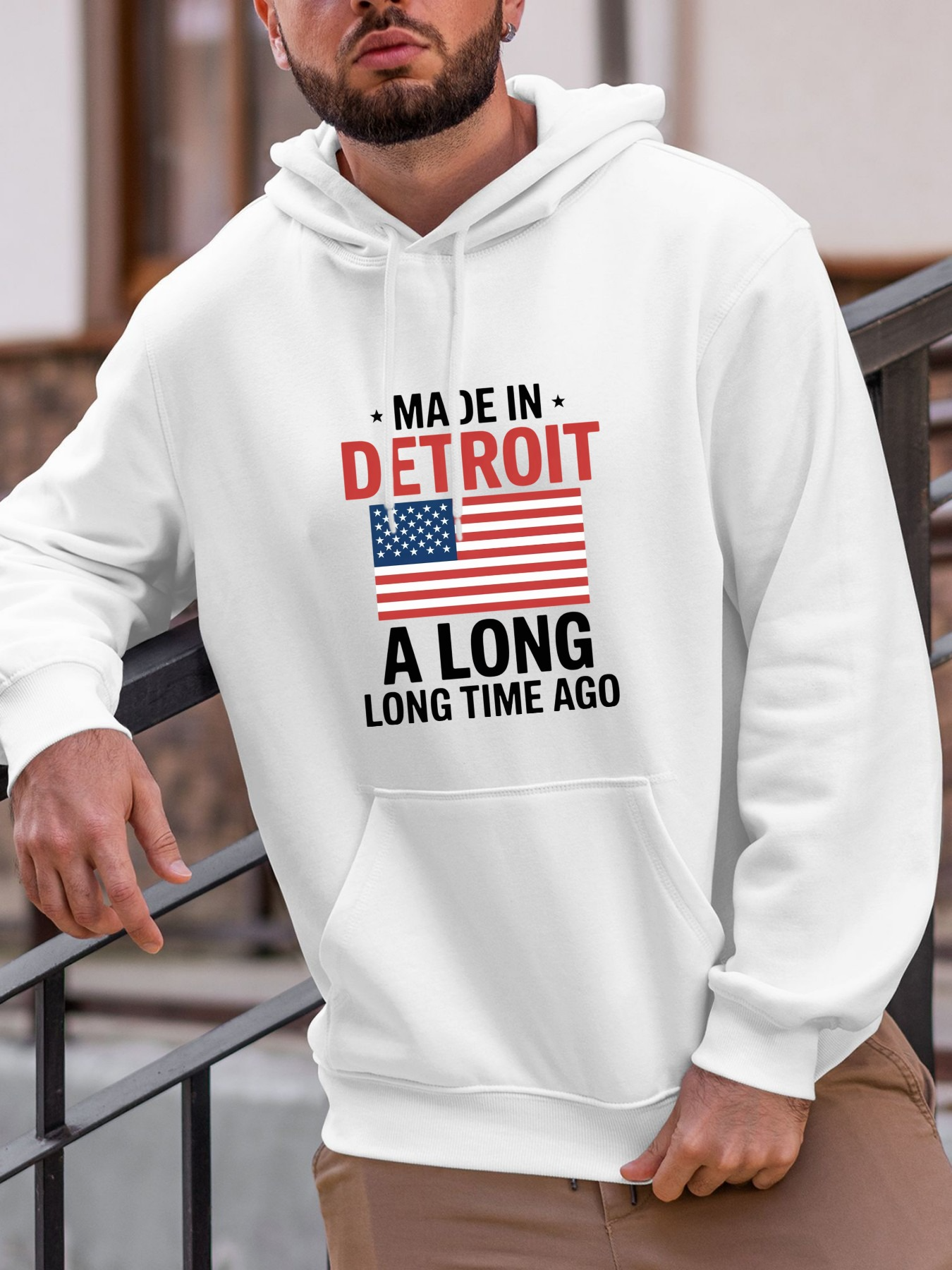 Tailorly Men's Printed Hoodie - Made In Detroit Classic Stars And Stripes With Bold Lettering Hoodie