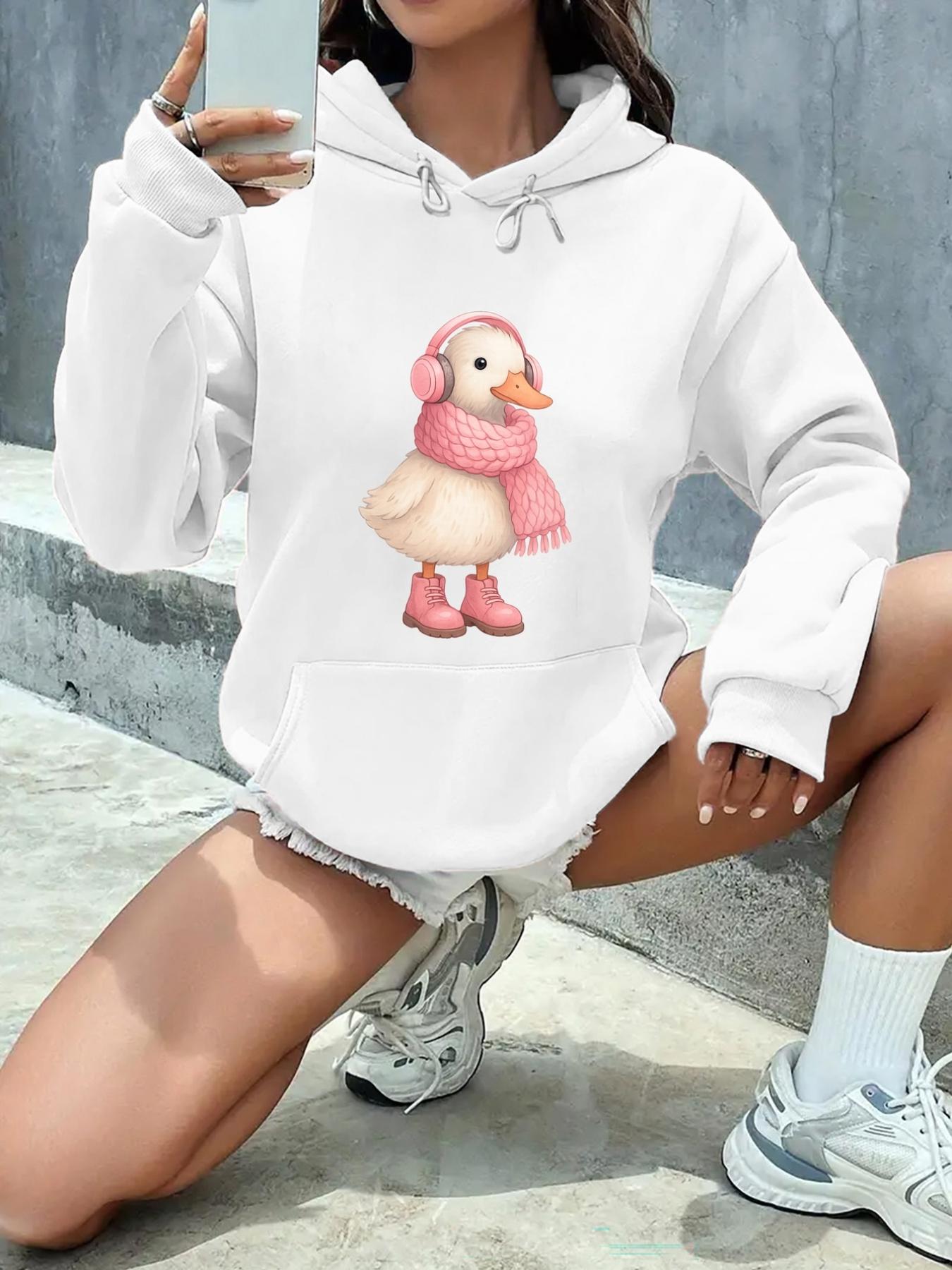 Tailorly Women's Printed Hoodie - Adorable Winter Duck With Pink Scarf And Boots Standing Alone Duck