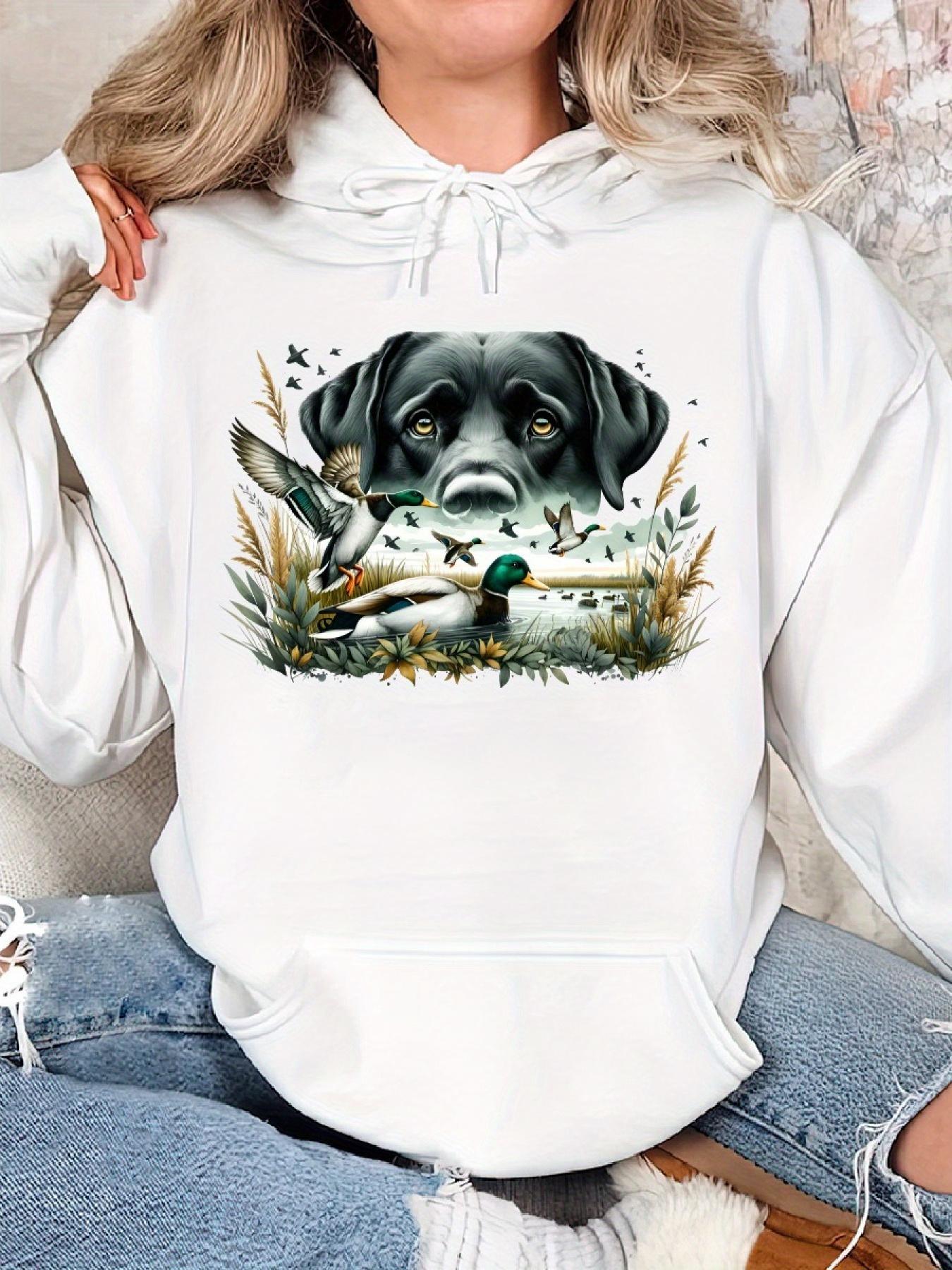 Tailorly Women's Printed Hoodie - Peaceful Wetlands With Birds Flying Over A Gentle Labrador Dog