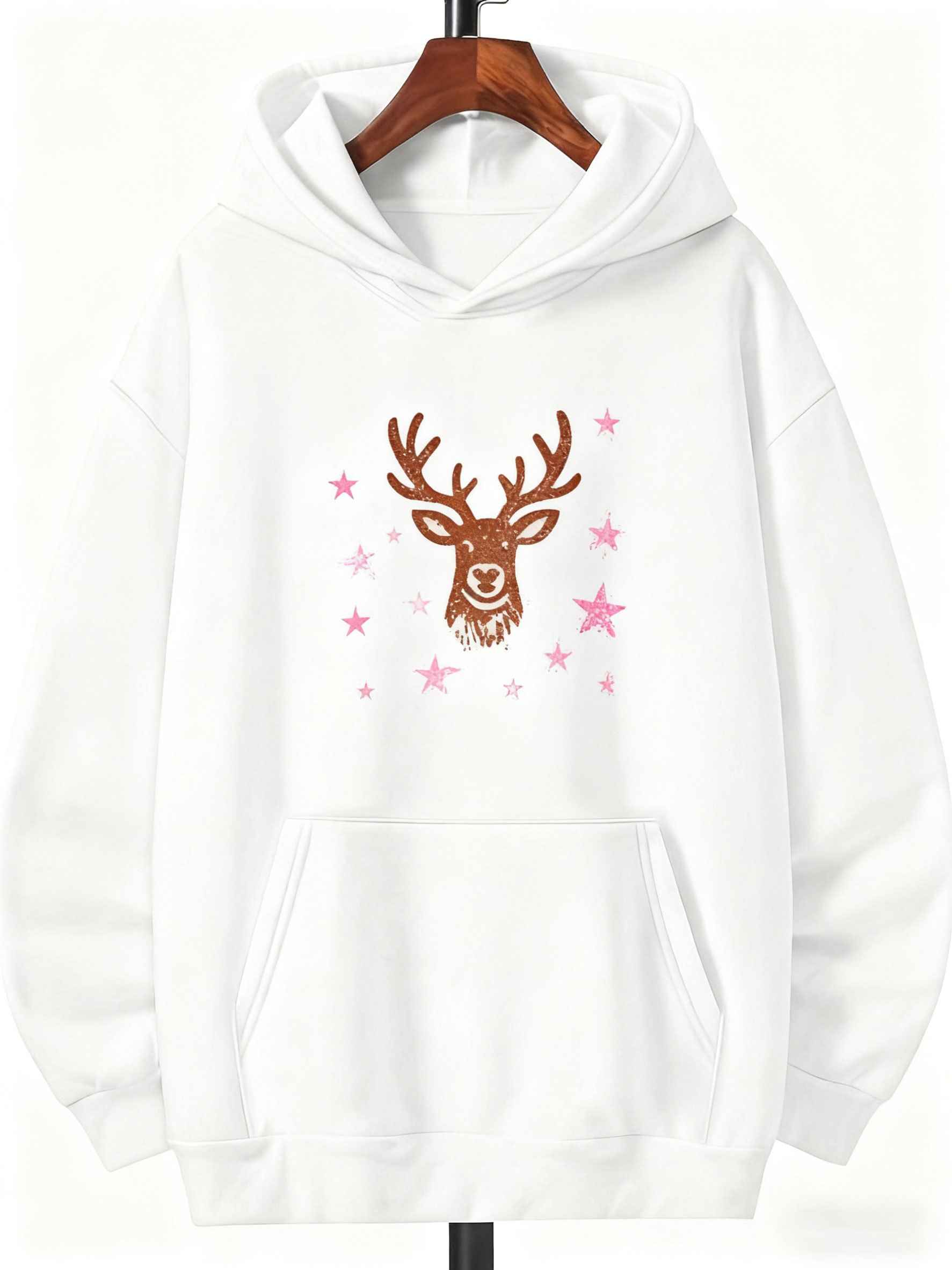 Tailorly Men's Printed Hoodie - Whimsical Brown Reindeer Surrounded By Pink Sparkling Stars Reindeer