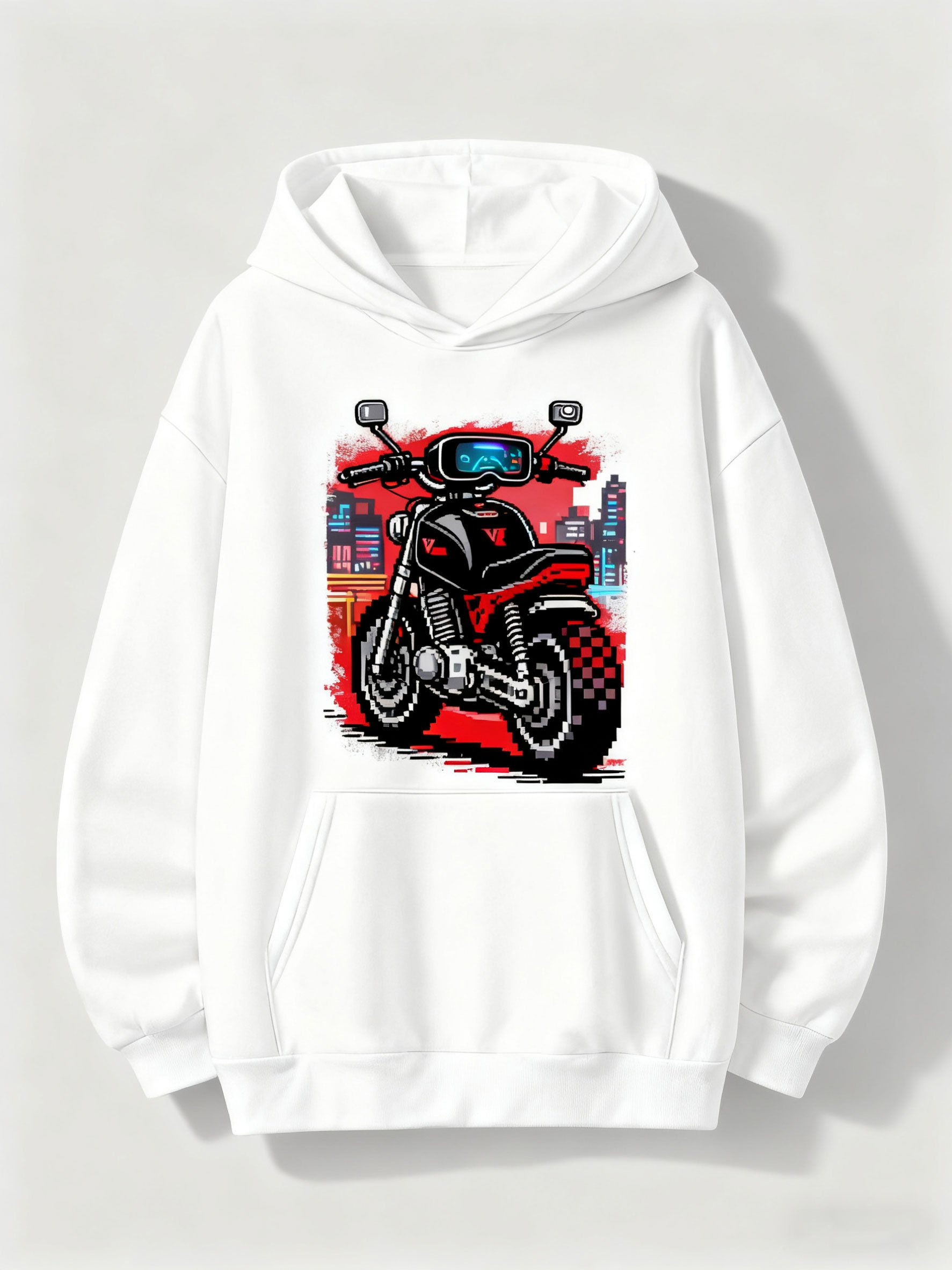 Tailorly Men's Printed Hoodie - Bright City Lights With Neon Reflections And Classic Retro Motorcycle