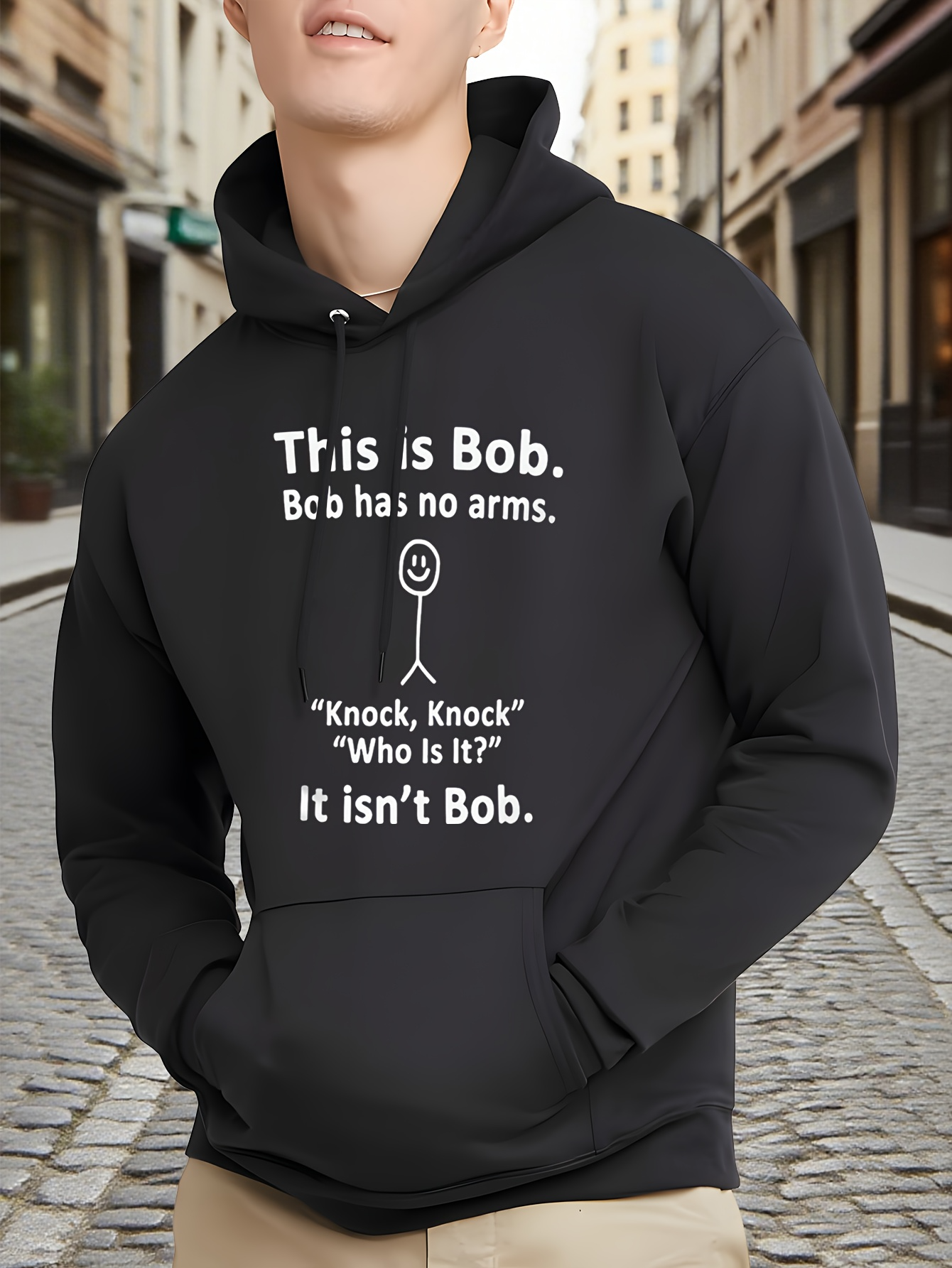 Tailorly Men's Printed Hoodie - This Is Bob Knock Knock Who Is It Hoodie With Minimalist Stick Figure Art Bob