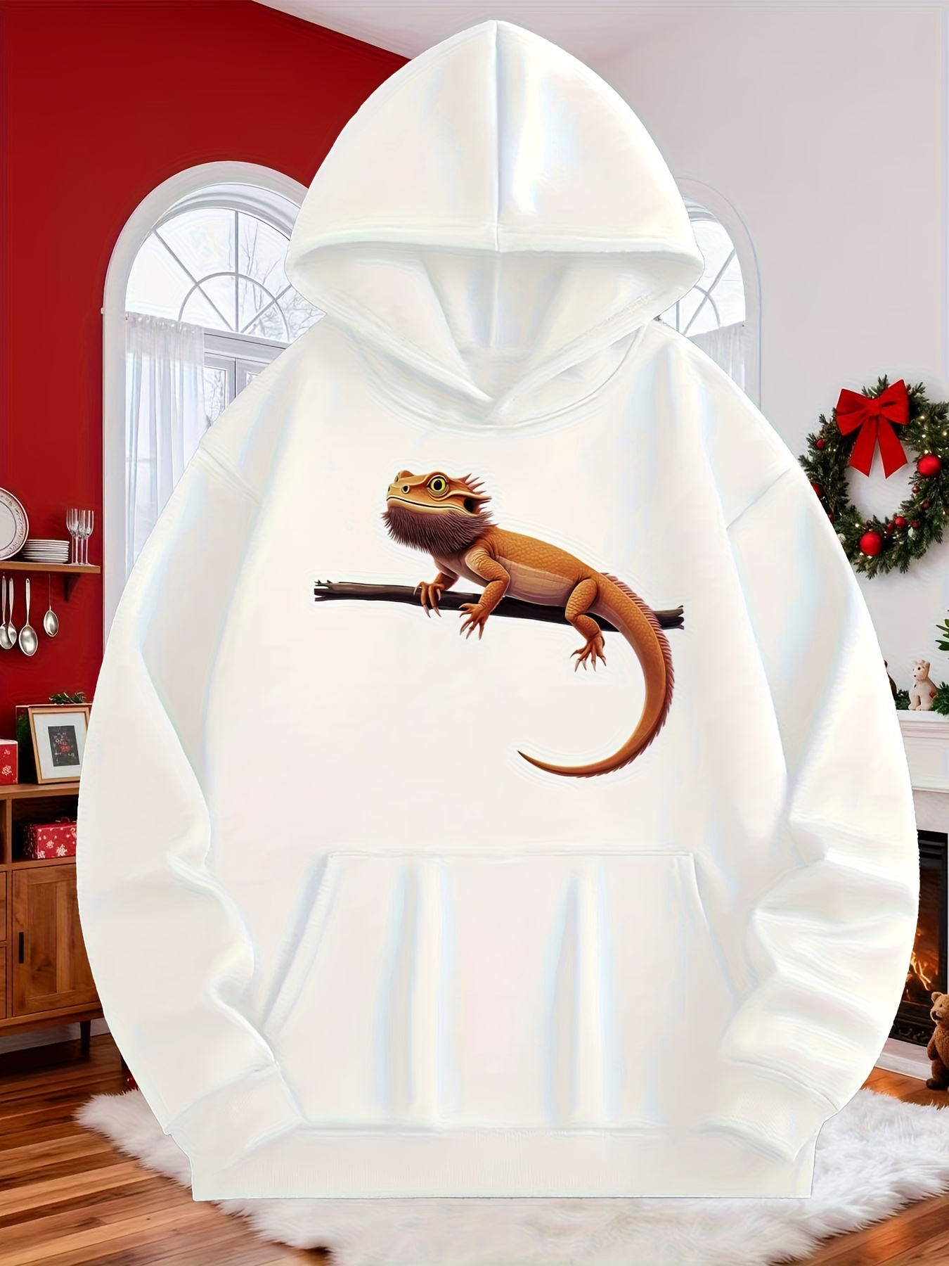 Tailorly Men's Printed Hoodie - Golden Reptile Resting On Branch With Gentle Soft White Hoodie
