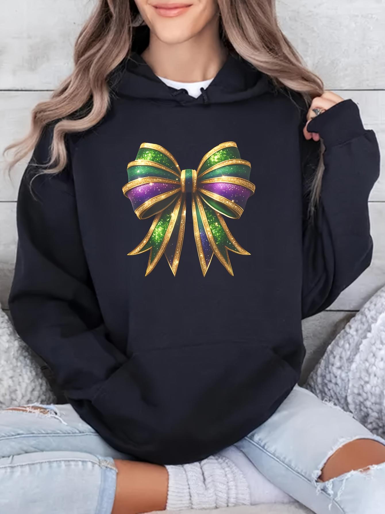 Tailorly Women's Printed Hoodie - Shimmering Metallic Sparkle Stripes Party Shine With Colorful Ribbon Bow