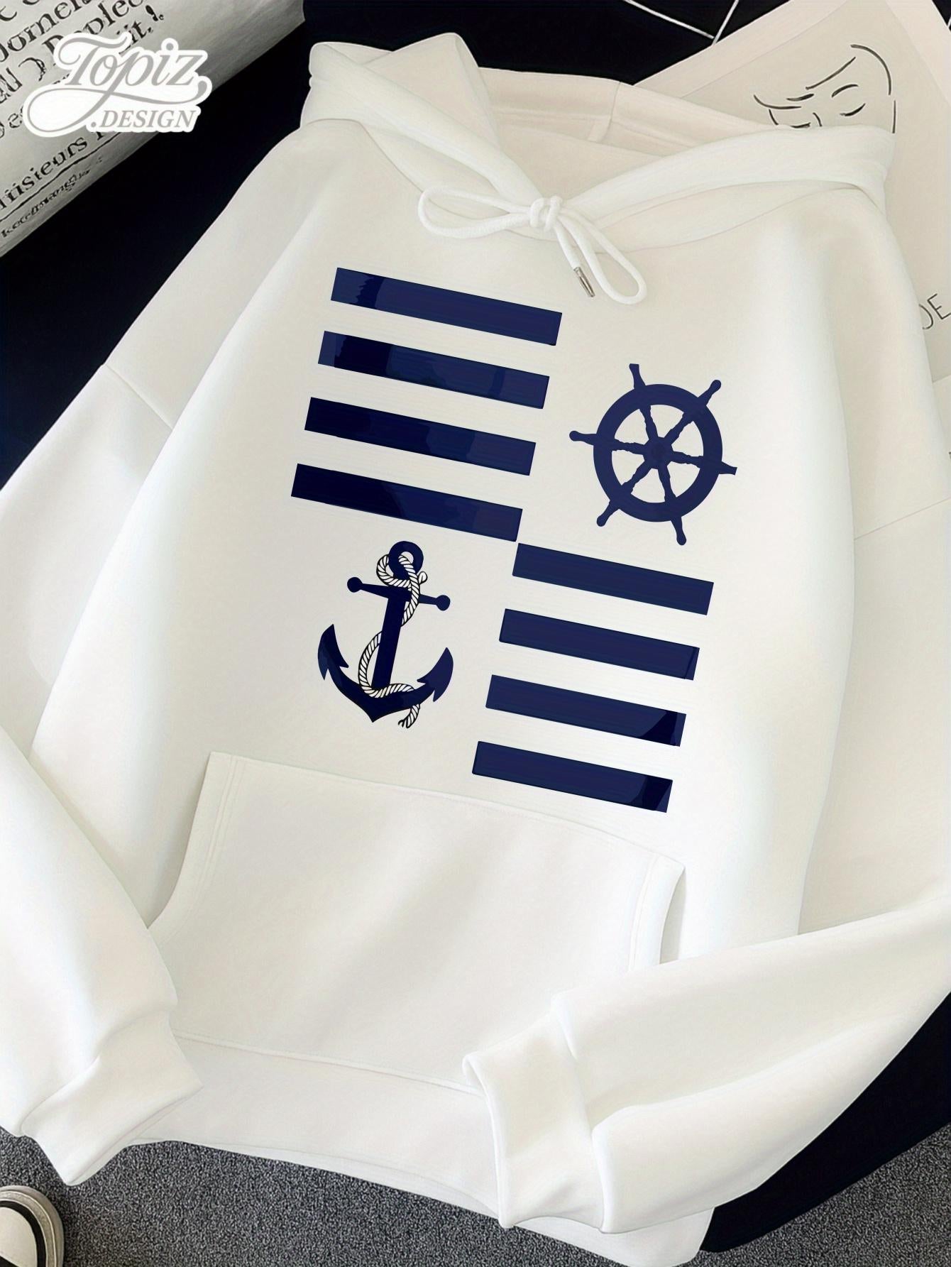Tailorly Women's Printed Hoodie - Nautical Stripes With Helm And Anchor Motif White Hoodie