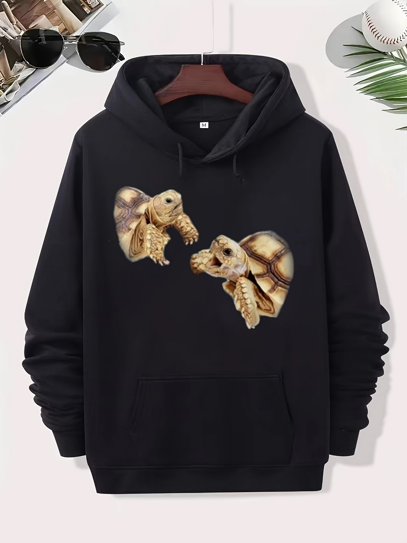 Tailorly Men's Printed Hoodie - Playful Tortoises Facing Each Other On Black Hoodie