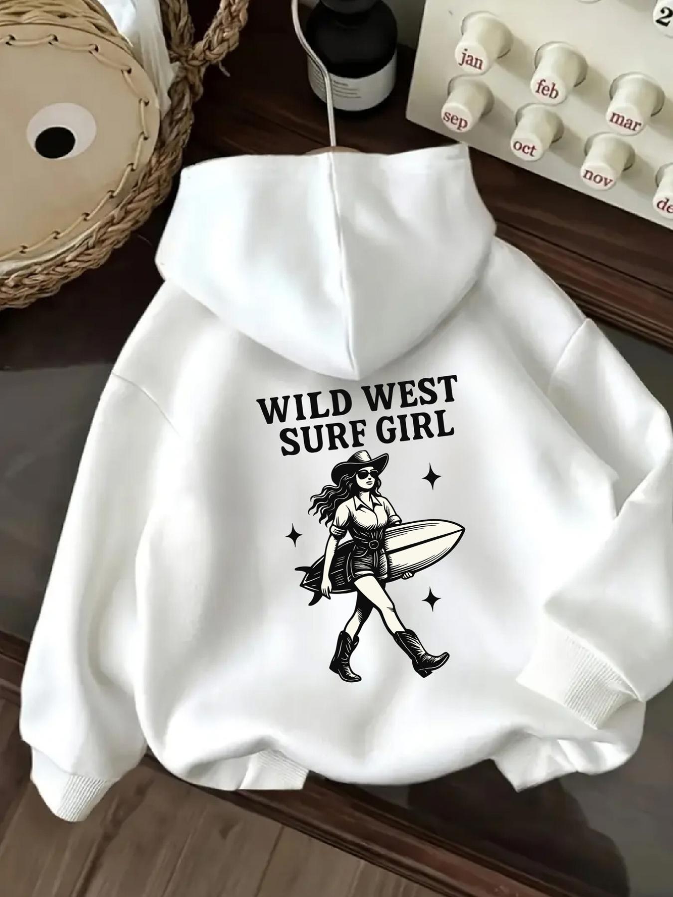 Tailorly Women's Printed Hoodie - Wild West Surfer With Boots Hat And Surfboard Girl