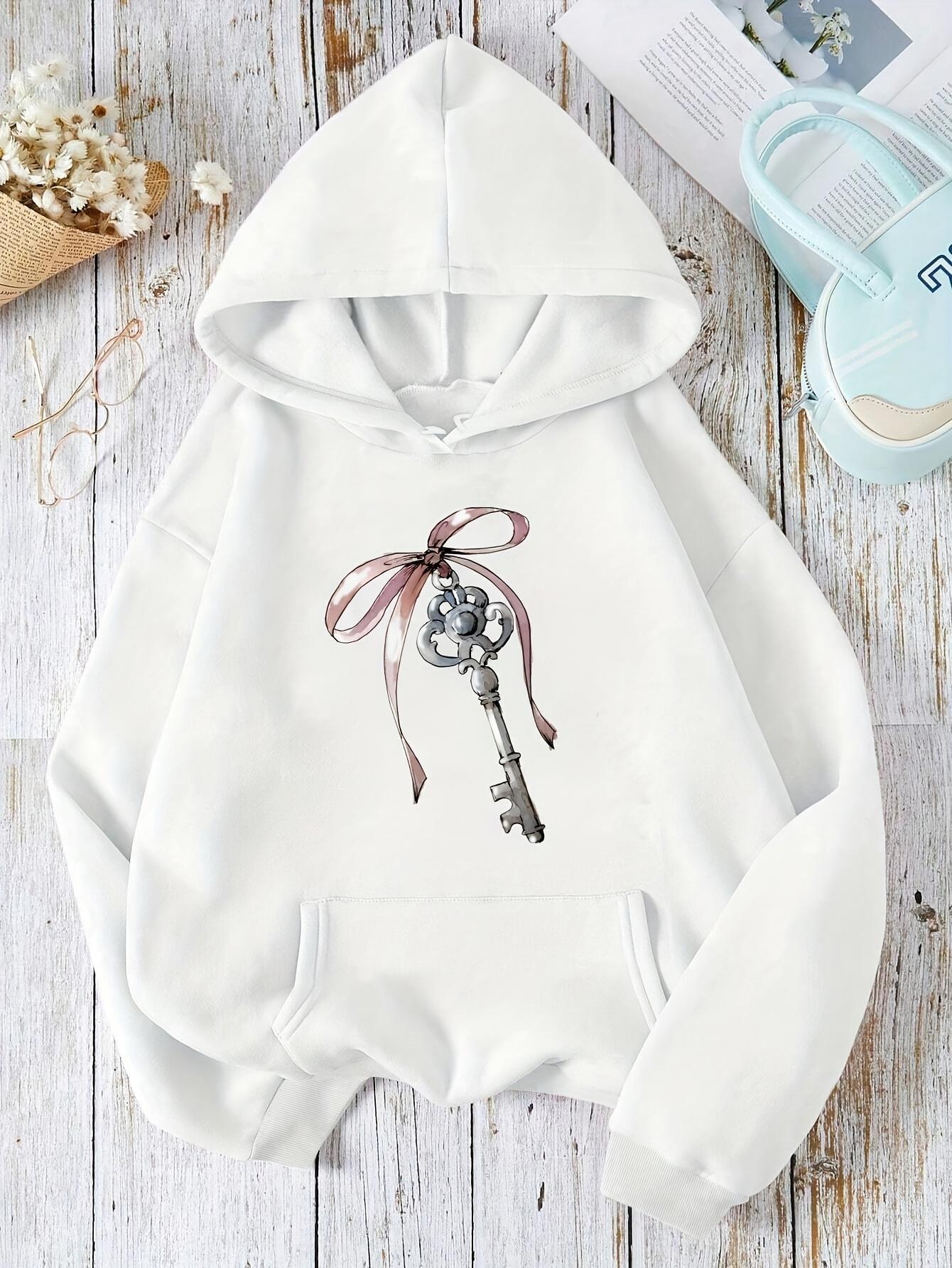 Tailorly Women's Printed Hoodie - Vintage Lace With Pink Ribbon Tied Around Silver Ornate Key