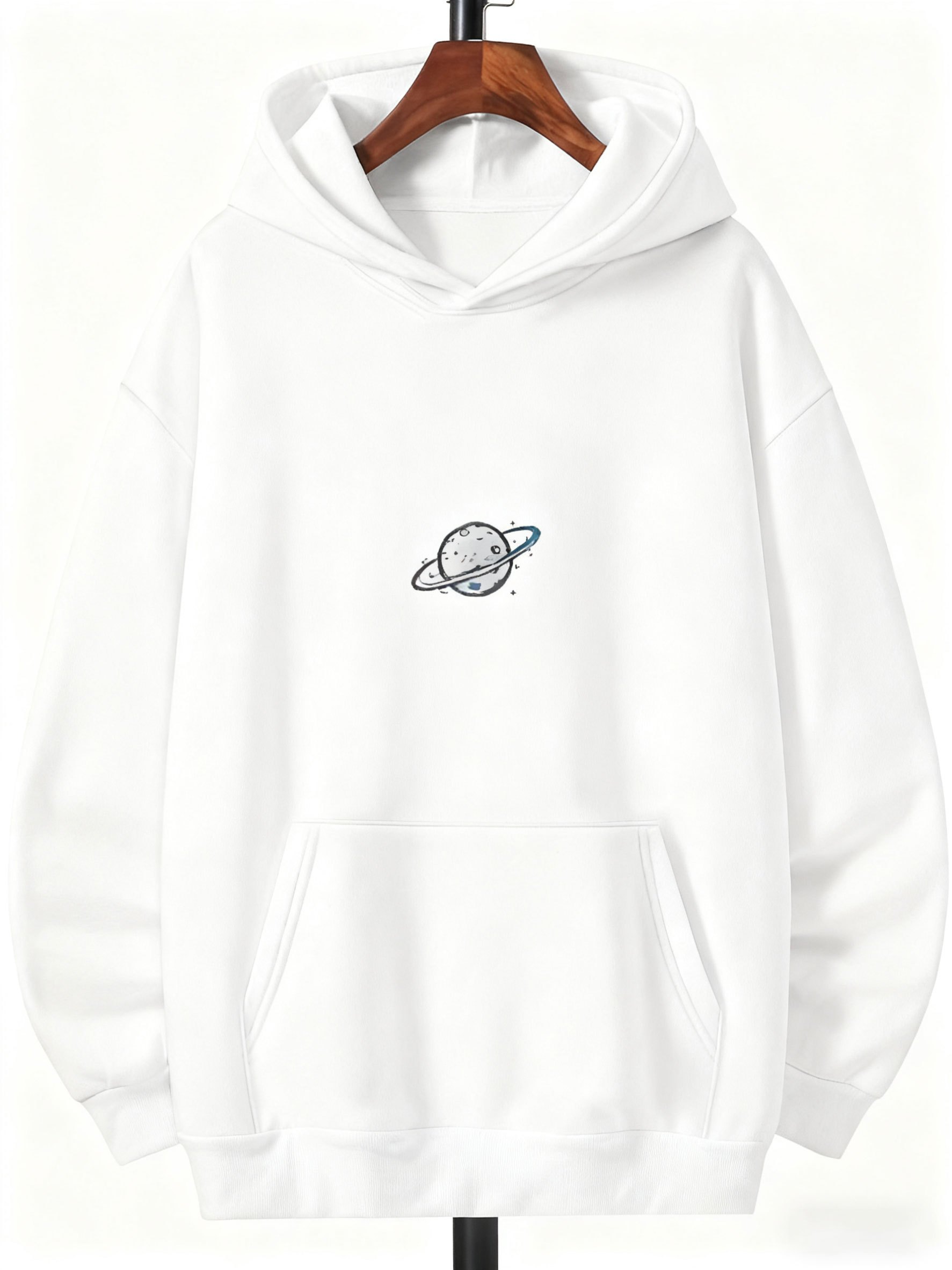 Tailorly Men's Printed Hoodie - Minimalist Space Illustration With Small Orbiting Stars Planet
