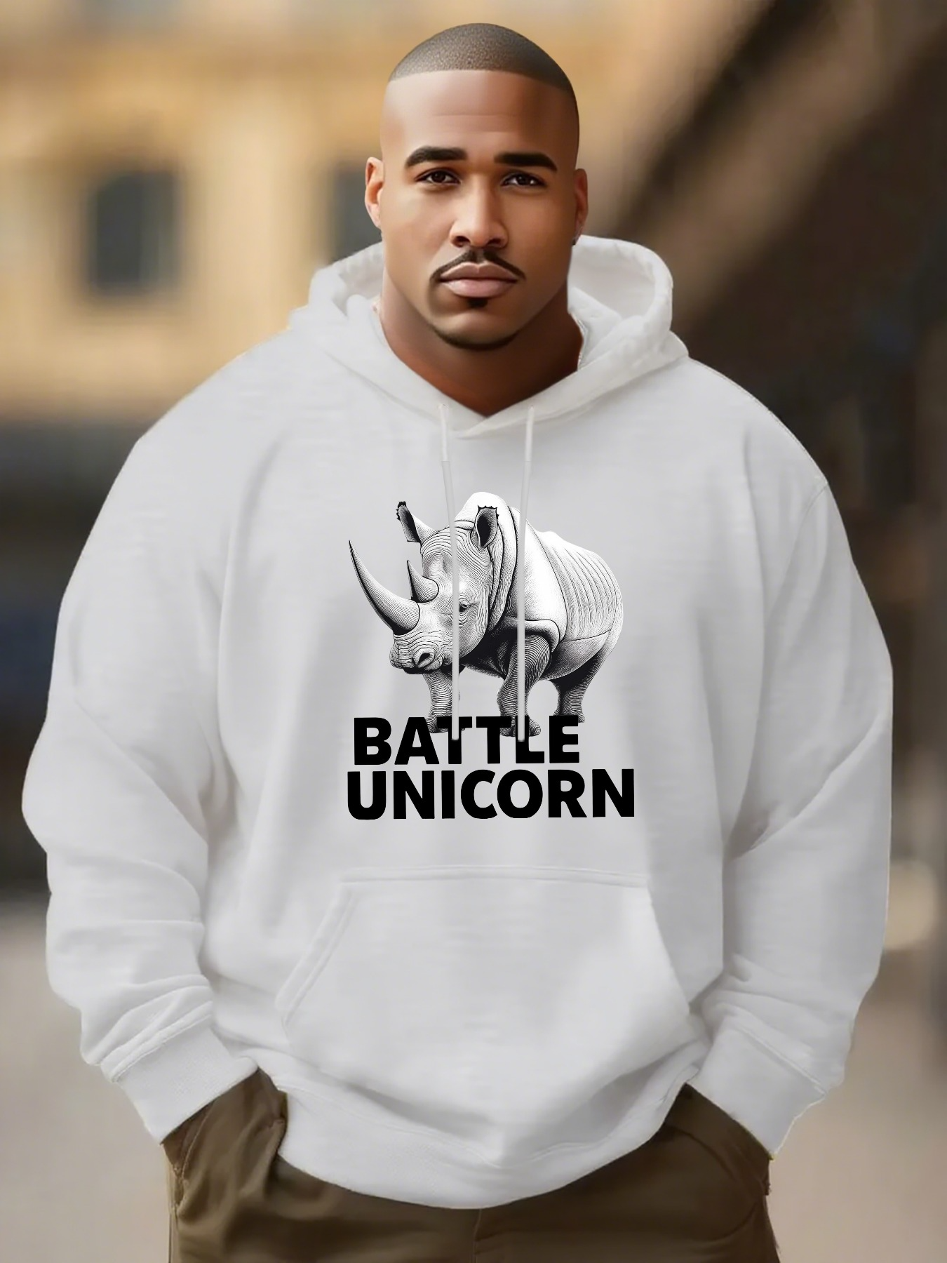 Tailorly Men's Printed Hoodie - Battle Unicorn Metallic Armor Adorned Rhinoceros Amidst Urban Backdrop