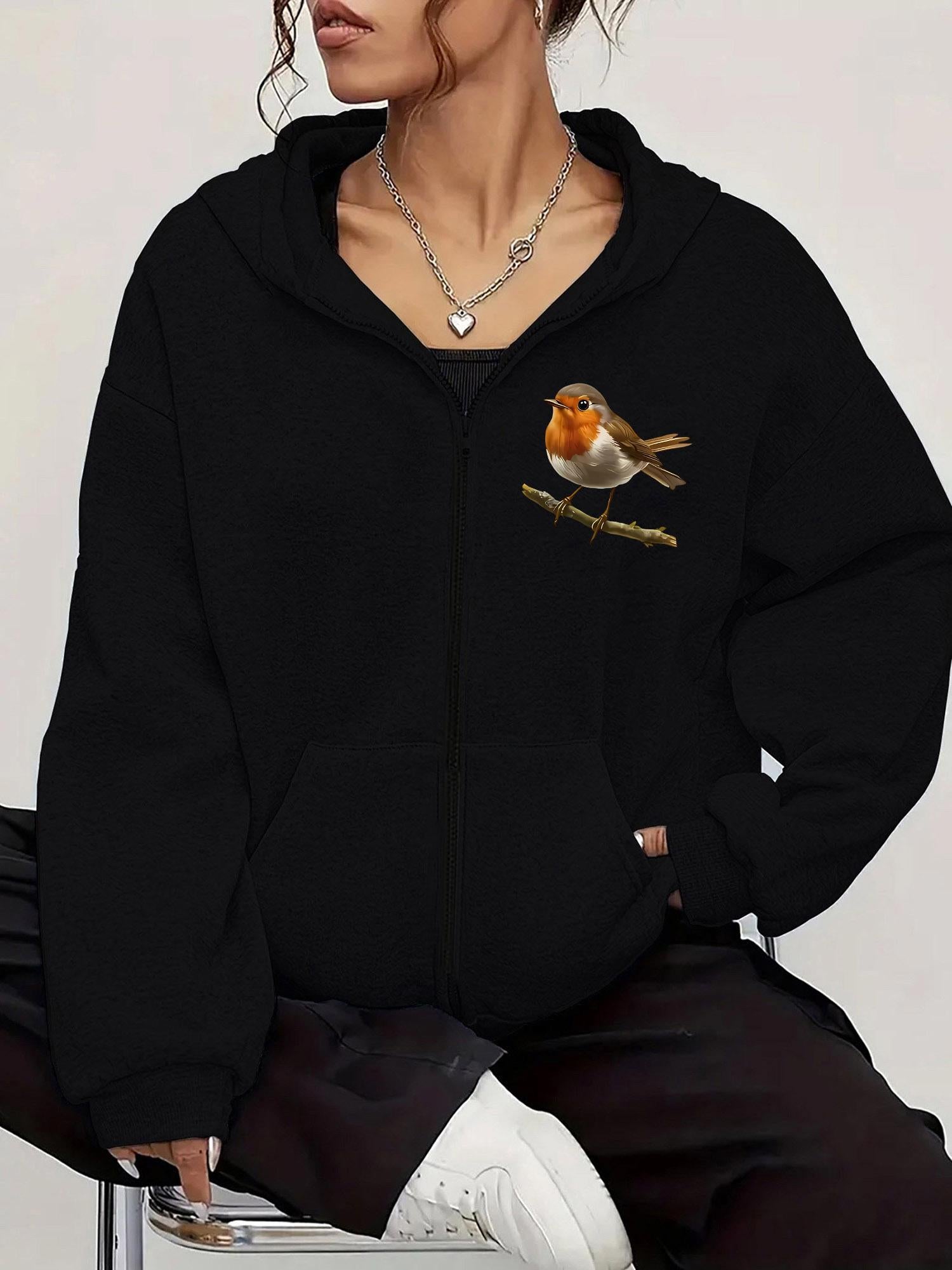 Tailorly Women's Printed Hoodie - Small Colorful Songbird Perched Calmly On Chest Pocket Area Robin