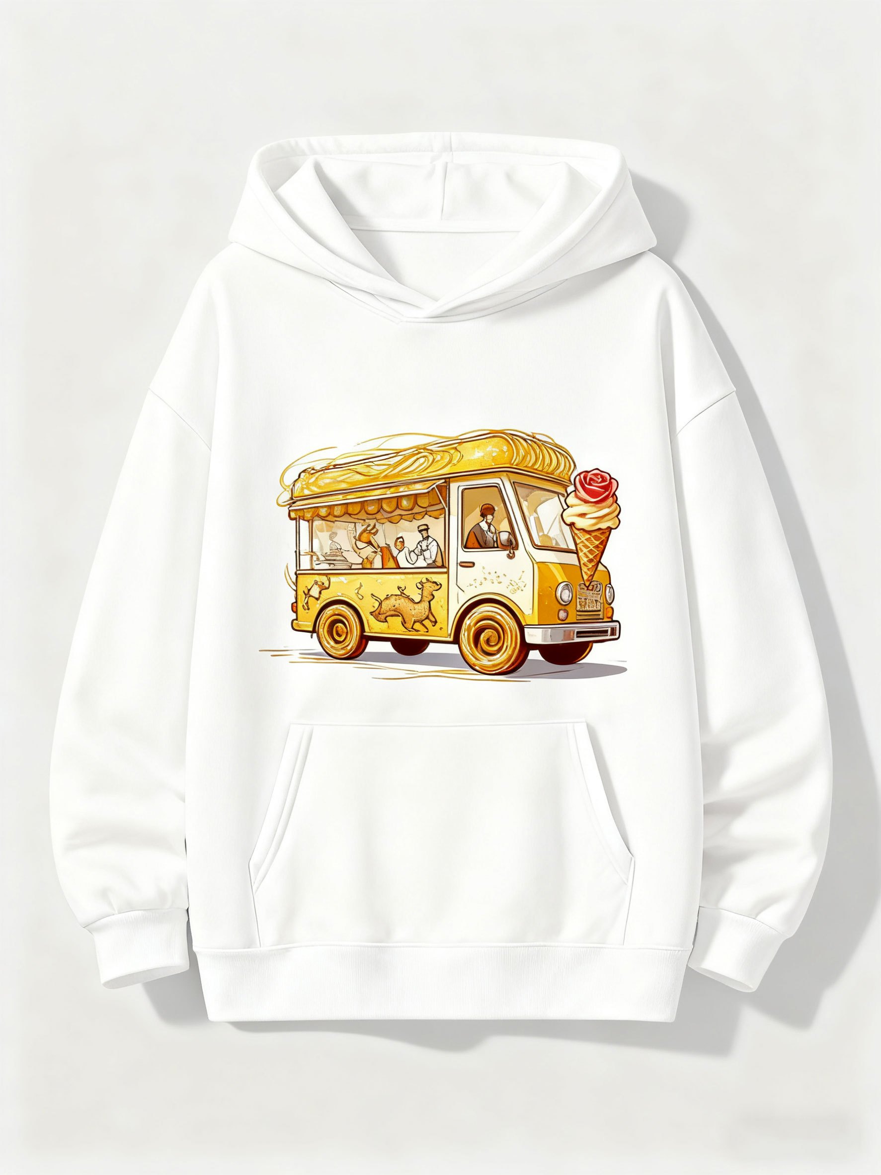 Tailorly Men's Printed Hoodie - Fun Summer Treats With Joyful Cartoon Style Ice Cream Truck