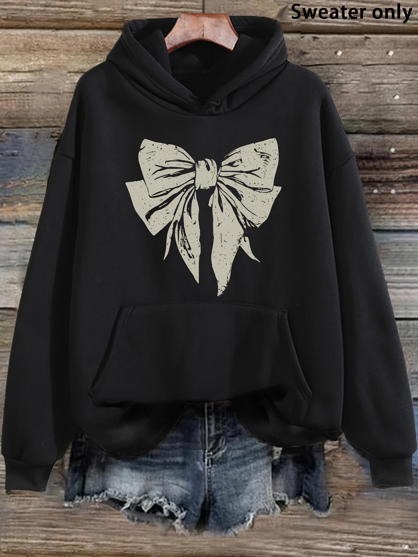 Tailorly Women's Printed Hoodie - Casual Knitted Texture With Vintage Oversized Ribbon Bow