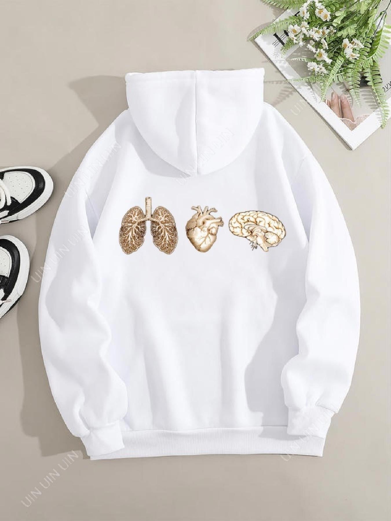 Tailorly Women's Printed Hoodie - Shimmering Gold Organ Motifs With Anatomical Art Heart
