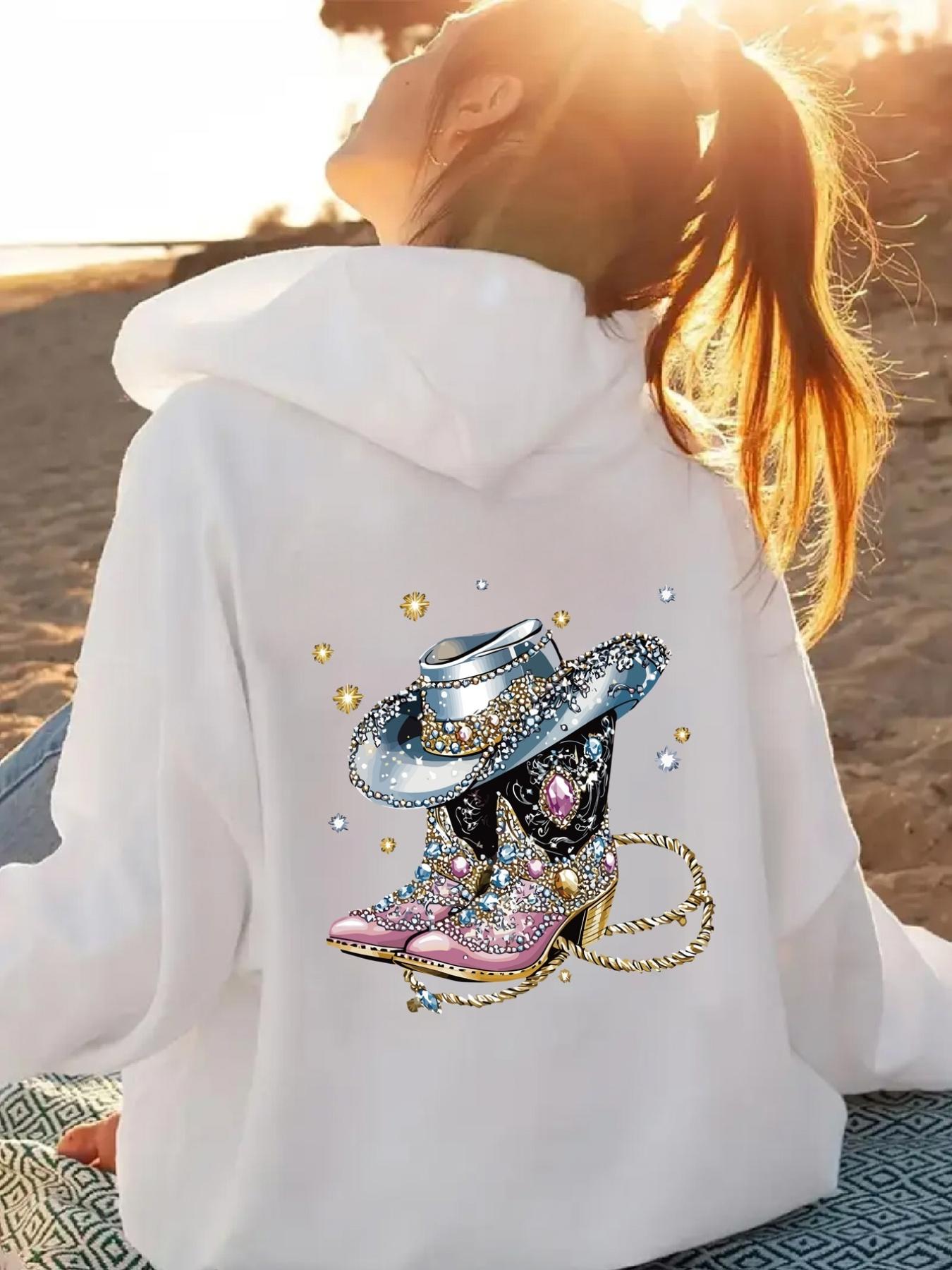 Tailorly Women's Printed Hoodie - Sparkling Sunlight Reflections With Boots Hat And Beaded Chain Western Cowboy Hat