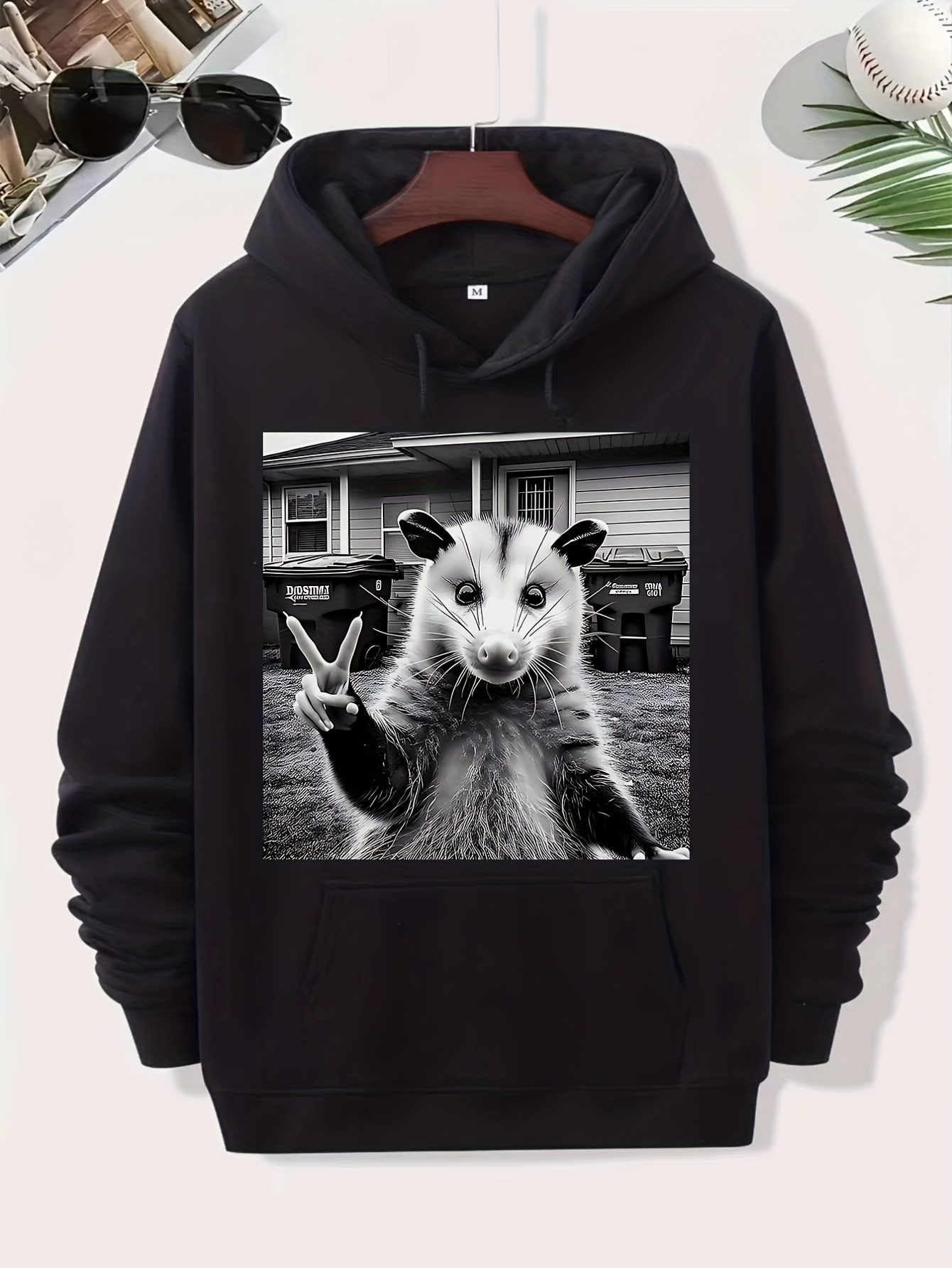 Tailorly Men's Printed Hoodie - Playful Backyard Scene With Peace Gesture From Cute Opossum